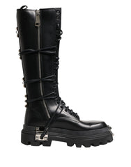 Dolce & Gabbana Black Leather Knee High Combat Boots Shoes - EU44/US11