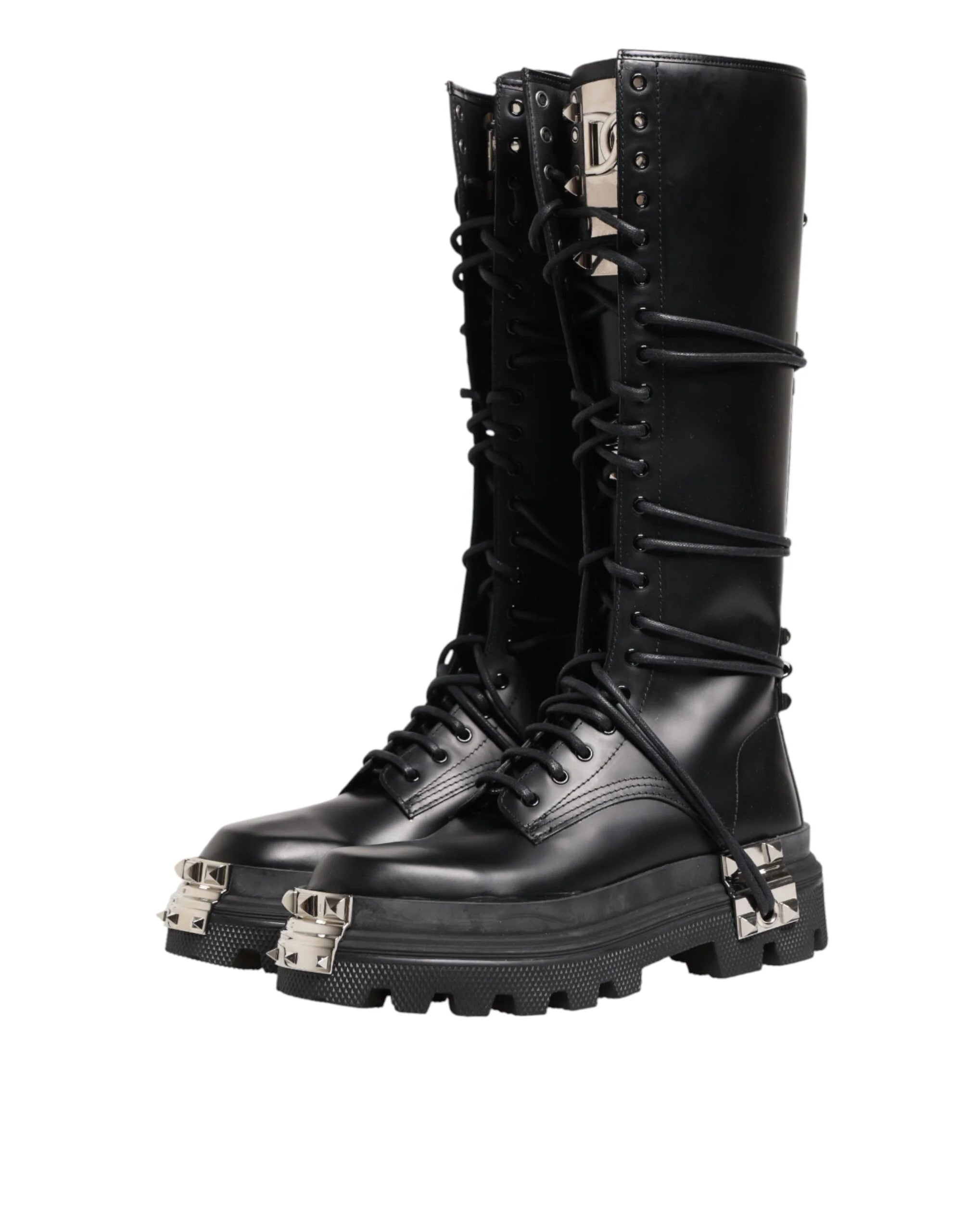 Dolce & Gabbana Black Leather Knee High Combat Boots Shoes - EU44/US11