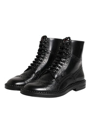 Dolce & Gabbana Black Leather Lace Up Mid Calf Boots Shoes - Boots