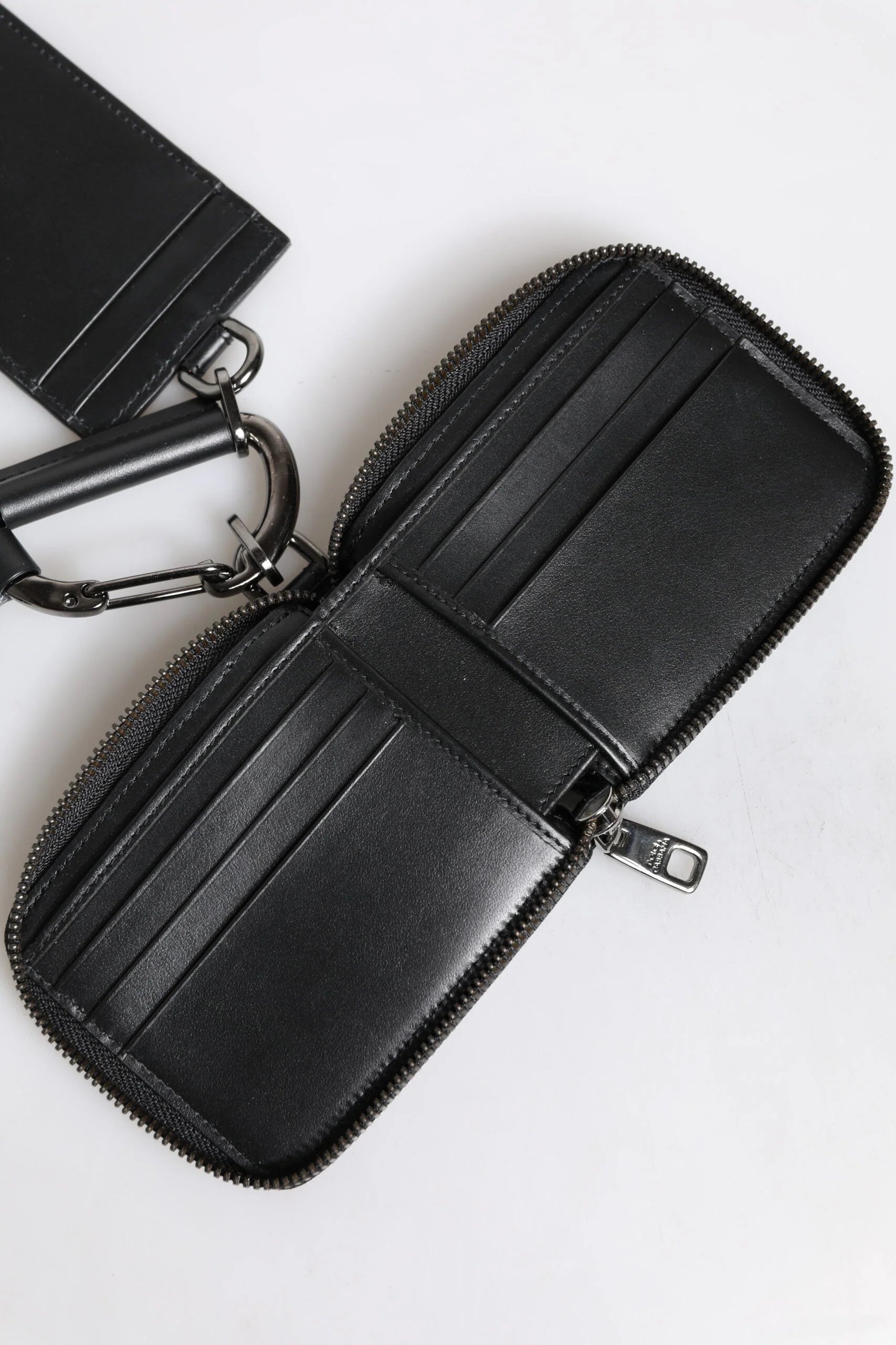 Dolce & Gabbana Black Leather Lanyard Zip Around Card Holder Wallet - Neck Pouches