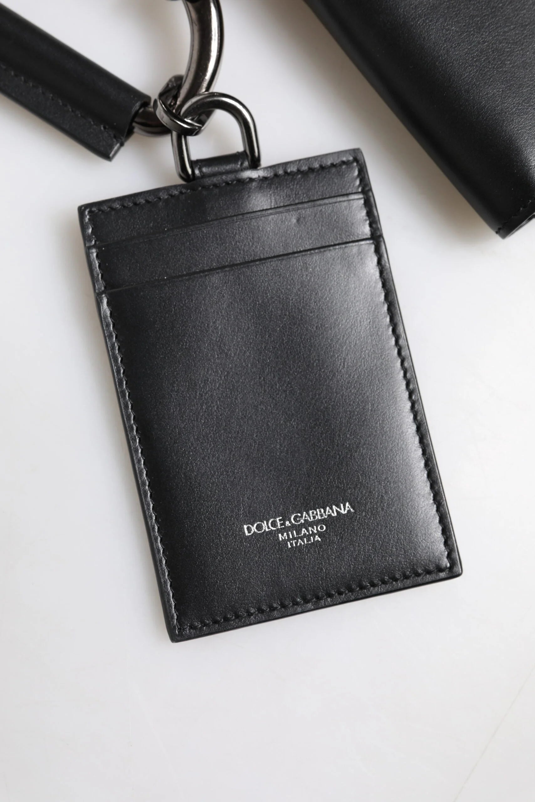Dolce & Gabbana Black Leather Lanyard Zip Around Card Holder Wallet - Neck Pouches