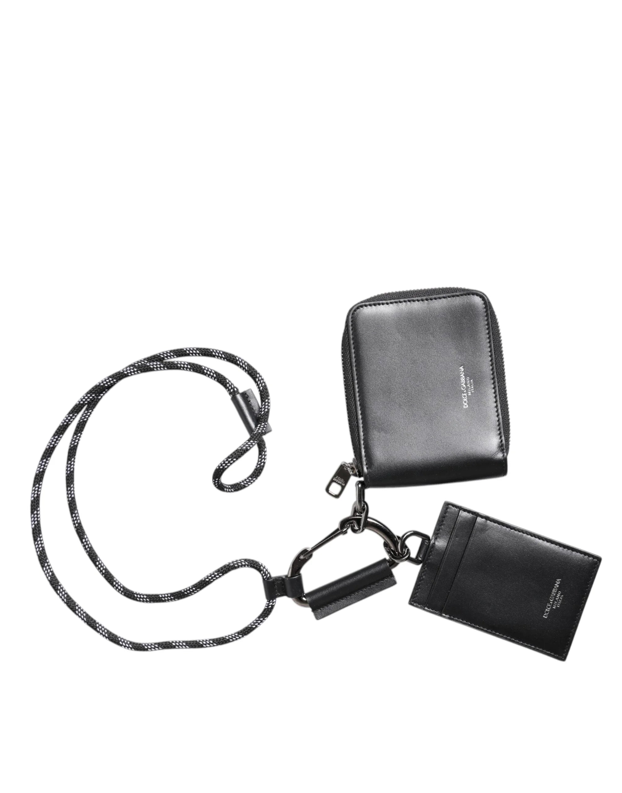 Dolce & Gabbana Black Leather Lanyard Zip Around Card Holder Wallet - Neck Pouches