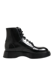 Dolce & Gabbana Black Leather Logo Ankle Boots Lace Up Shoes - EU43/US10 - Boots