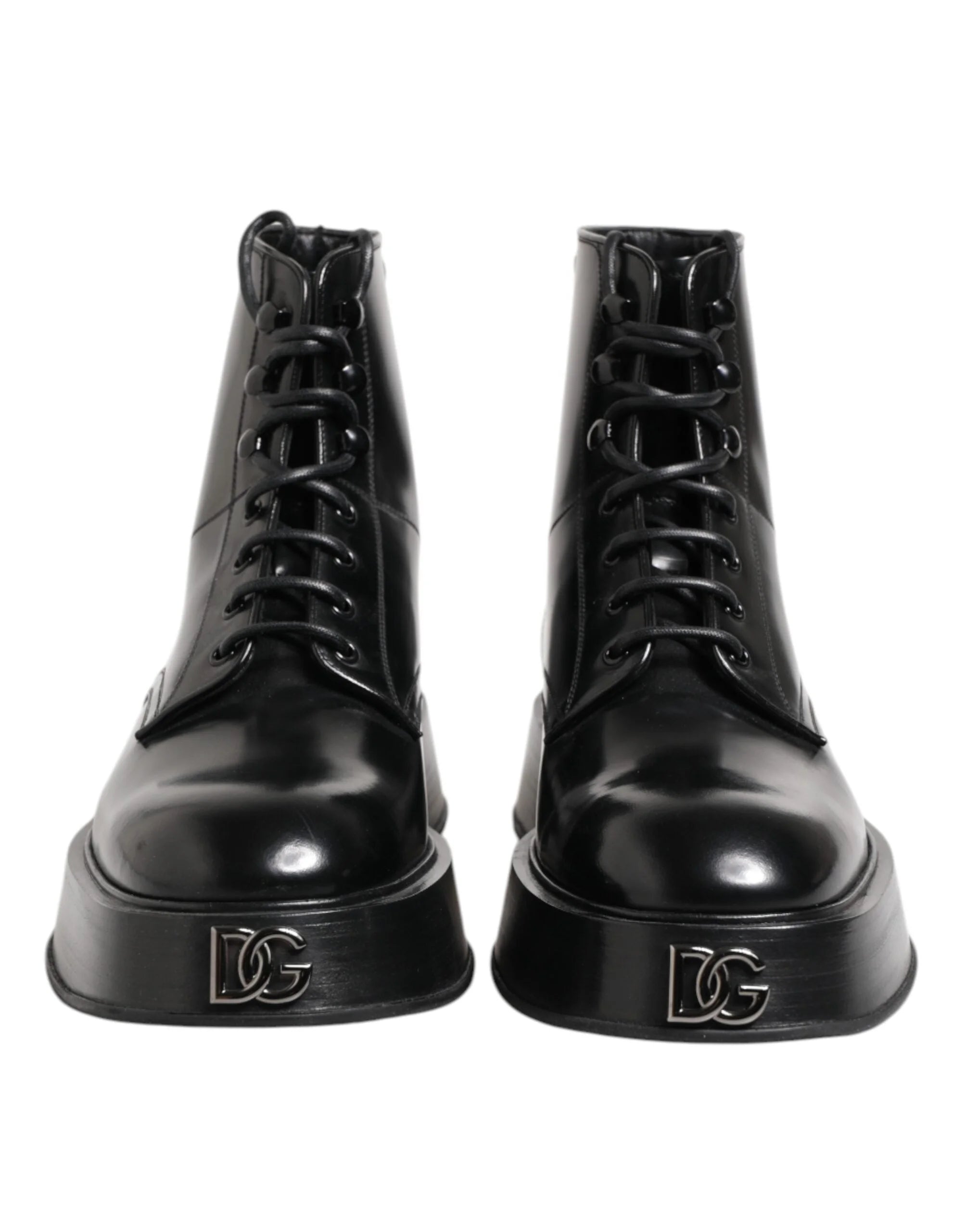Dolce & Gabbana Black Leather Logo Ankle Boots Lace Up Shoes - EU43/US10