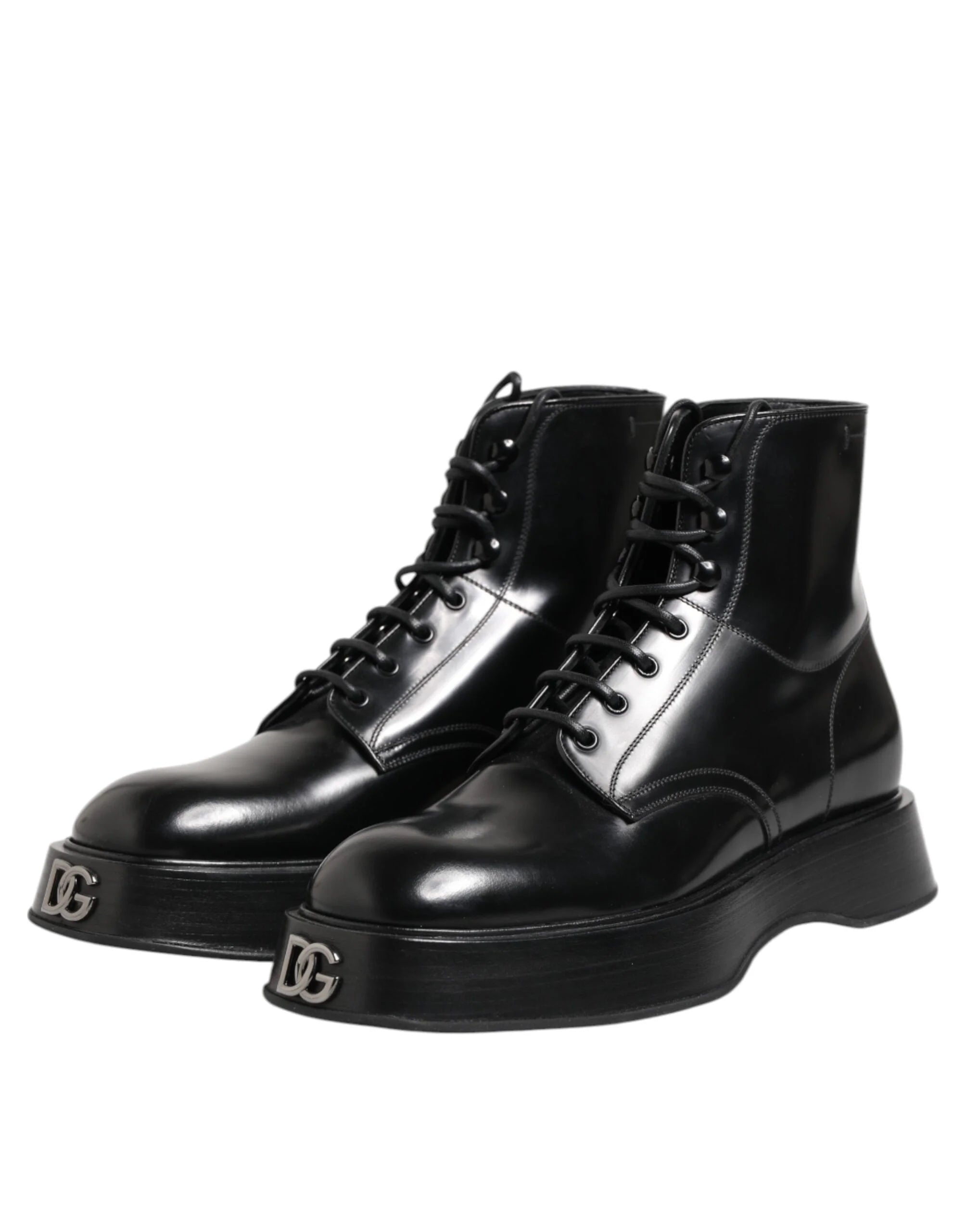 Dolce & Gabbana Black Leather Logo Ankle Boots Lace Up Shoes - EU43/US10