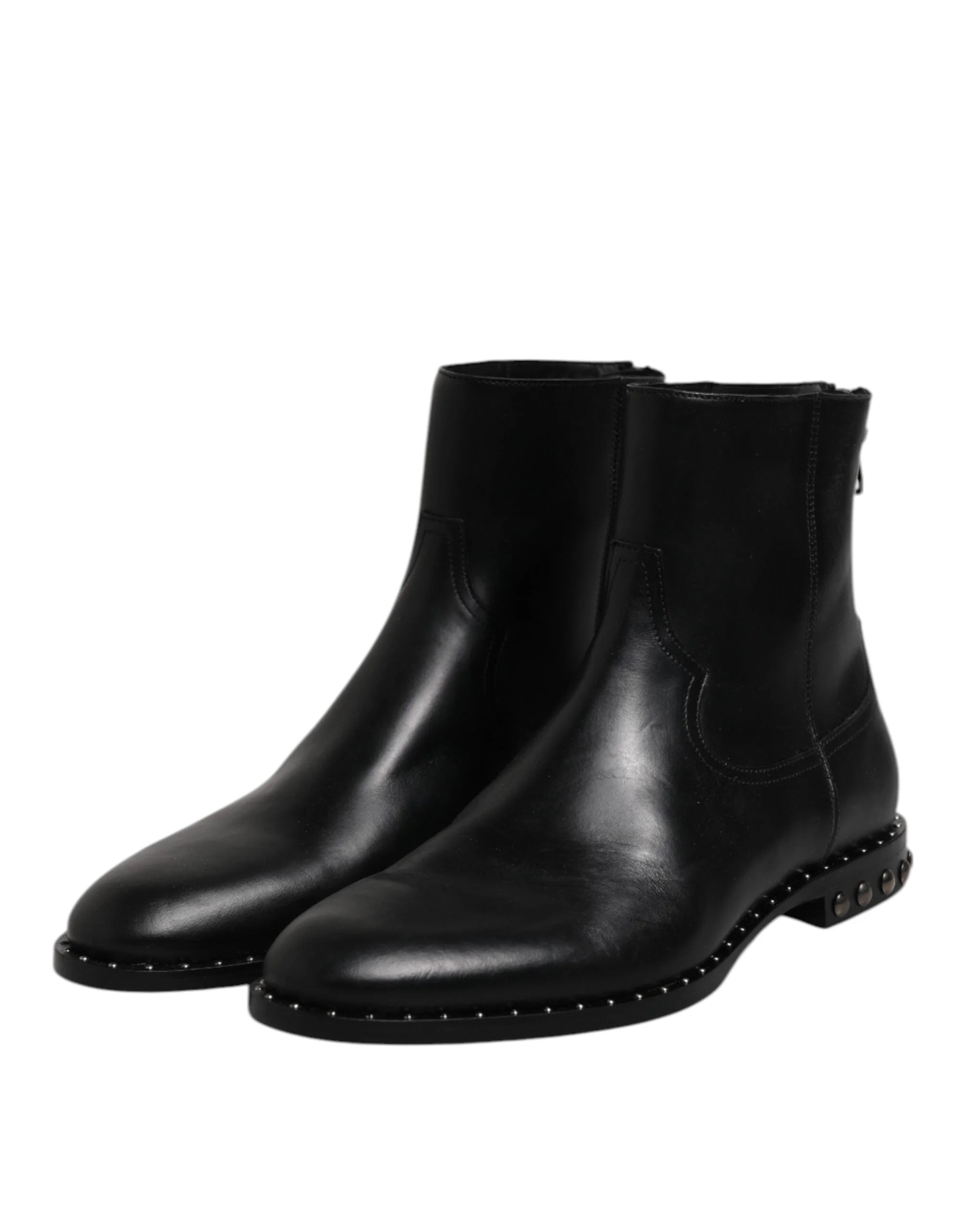 Dolce & Gabbana Black Leather Logo Ankle Boots Studded Shoes - EU44/US11
