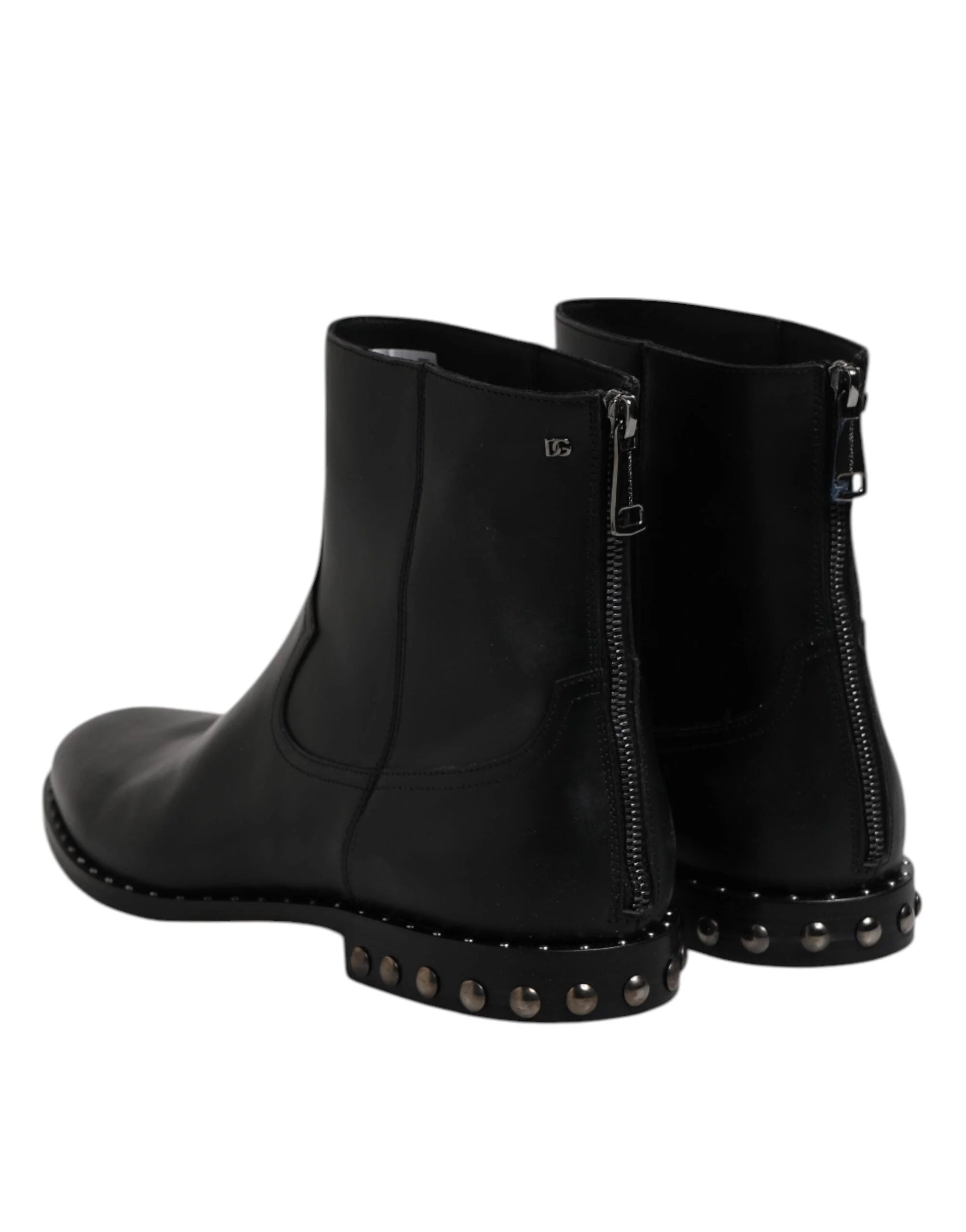 Dolce & Gabbana Black Leather Logo Ankle Boots Studded Shoes - EU44/US11
