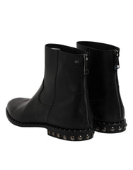 Dolce & Gabbana Black Leather Logo Ankle Boots Studded Shoes - EU44/US11