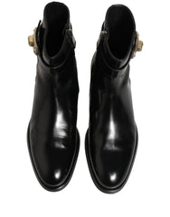 Botas Dolce & Gabbana Negras Botas de Cuero con Hebilla del Logo - Pantorrilla Media - UE41/US8