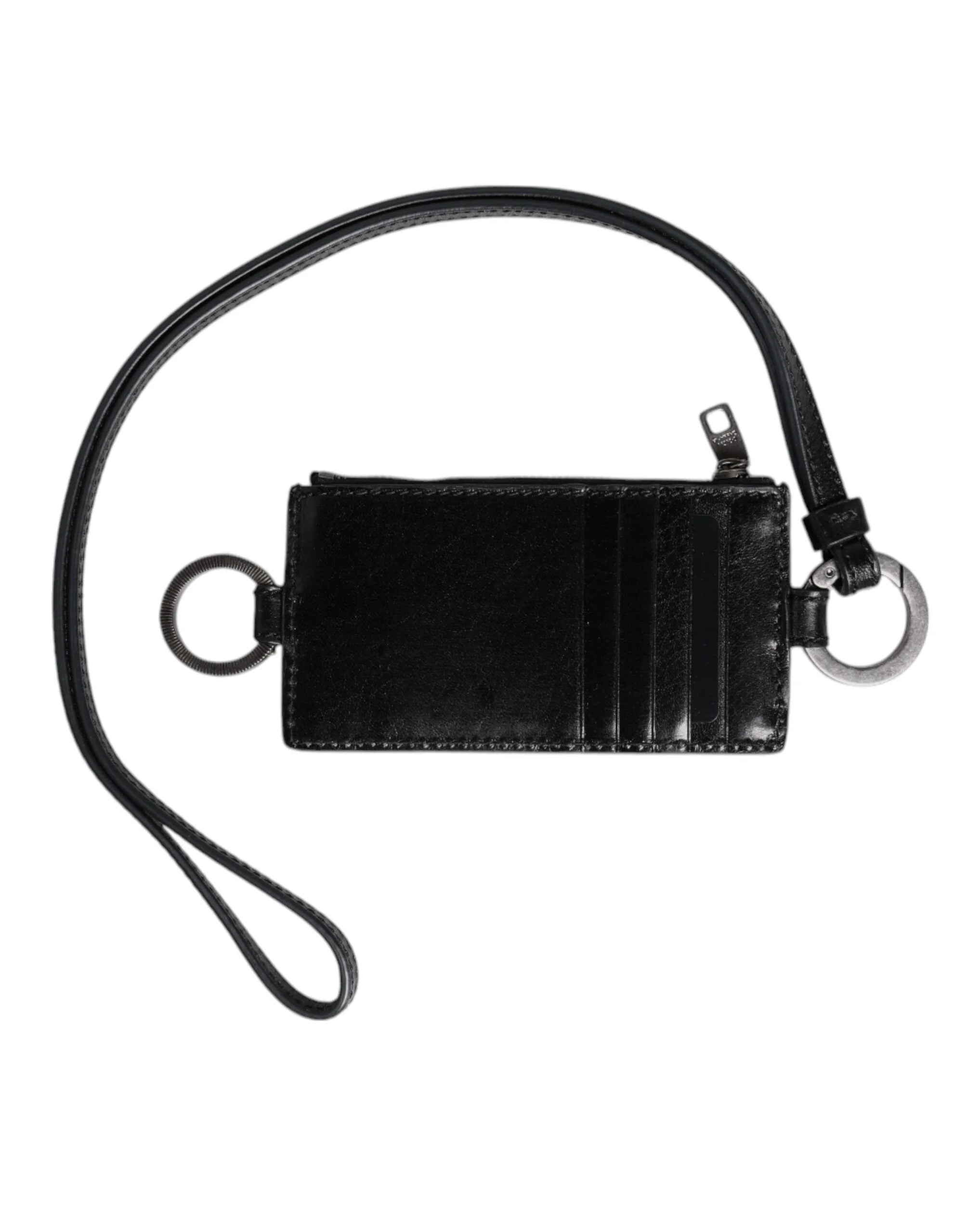 Dolce & Gabbana Black Leather Logo Embossed Lanyard Card Holder Wallet - Neck Pouches
