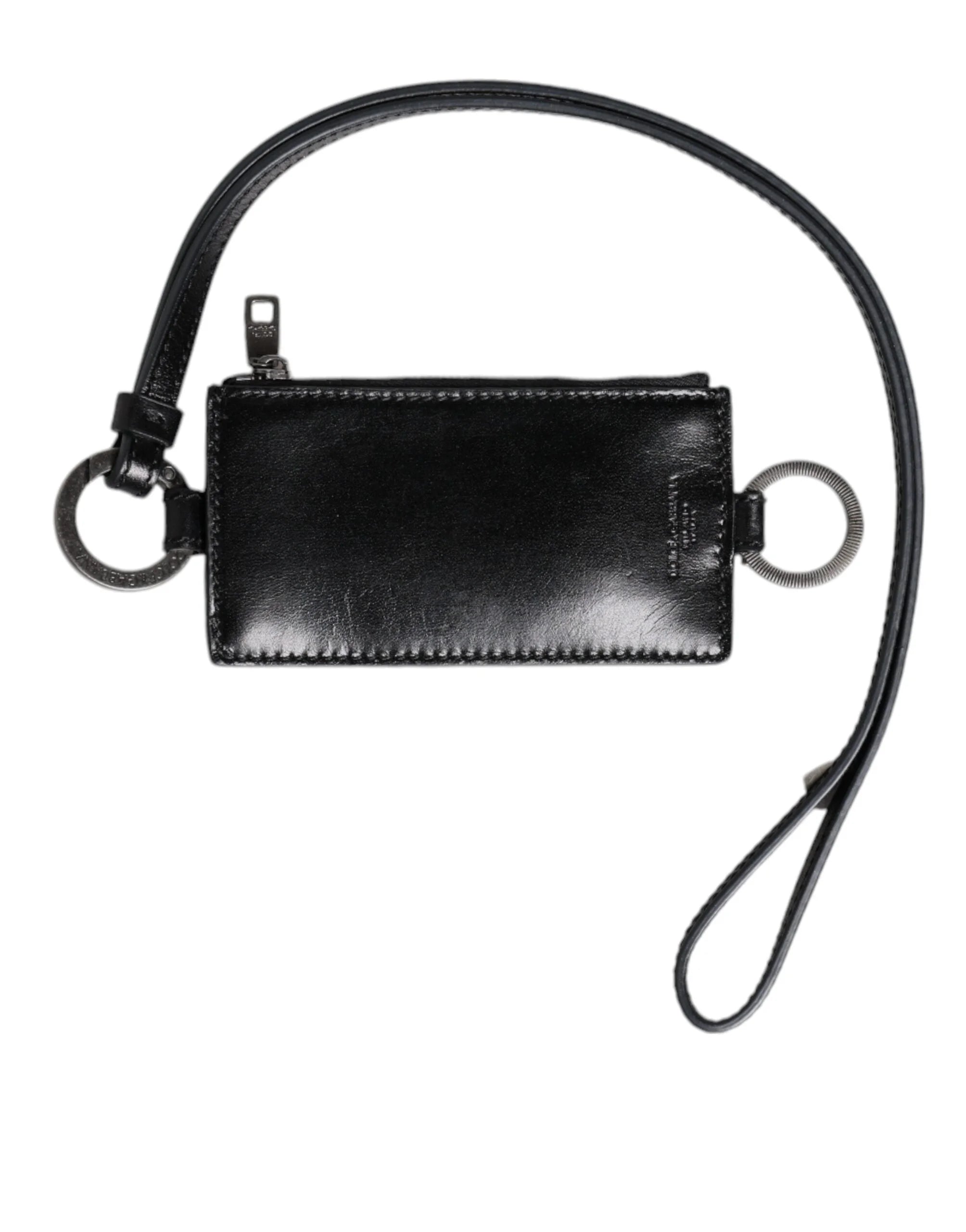 Dolce & Gabbana Black Leather Logo Embossed Lanyard Card Holder Wallet - Neck Pouches
