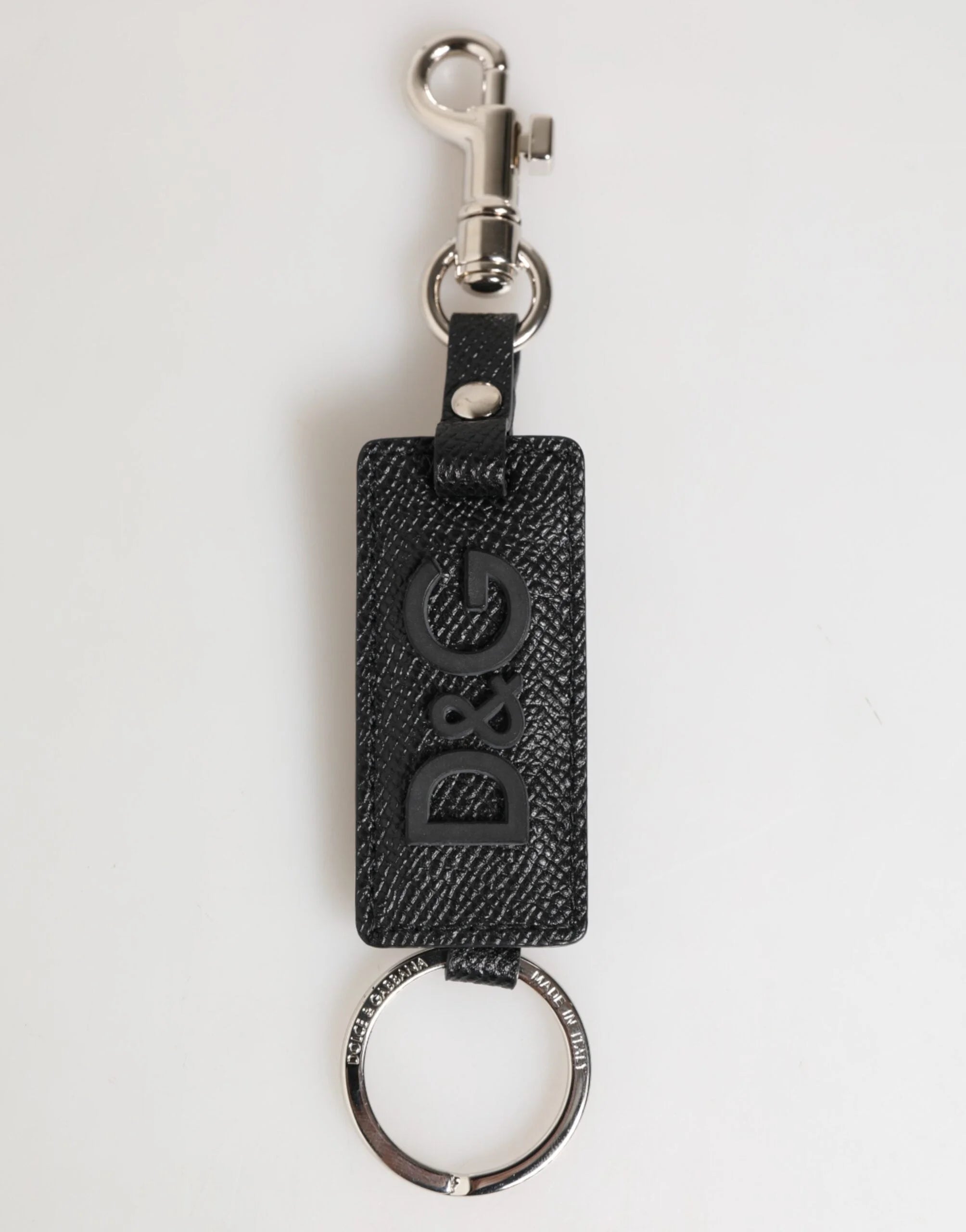 Dolce & Gabbana Black Leather Logo Metal Ring Keychain Holder Keyring - Keychains