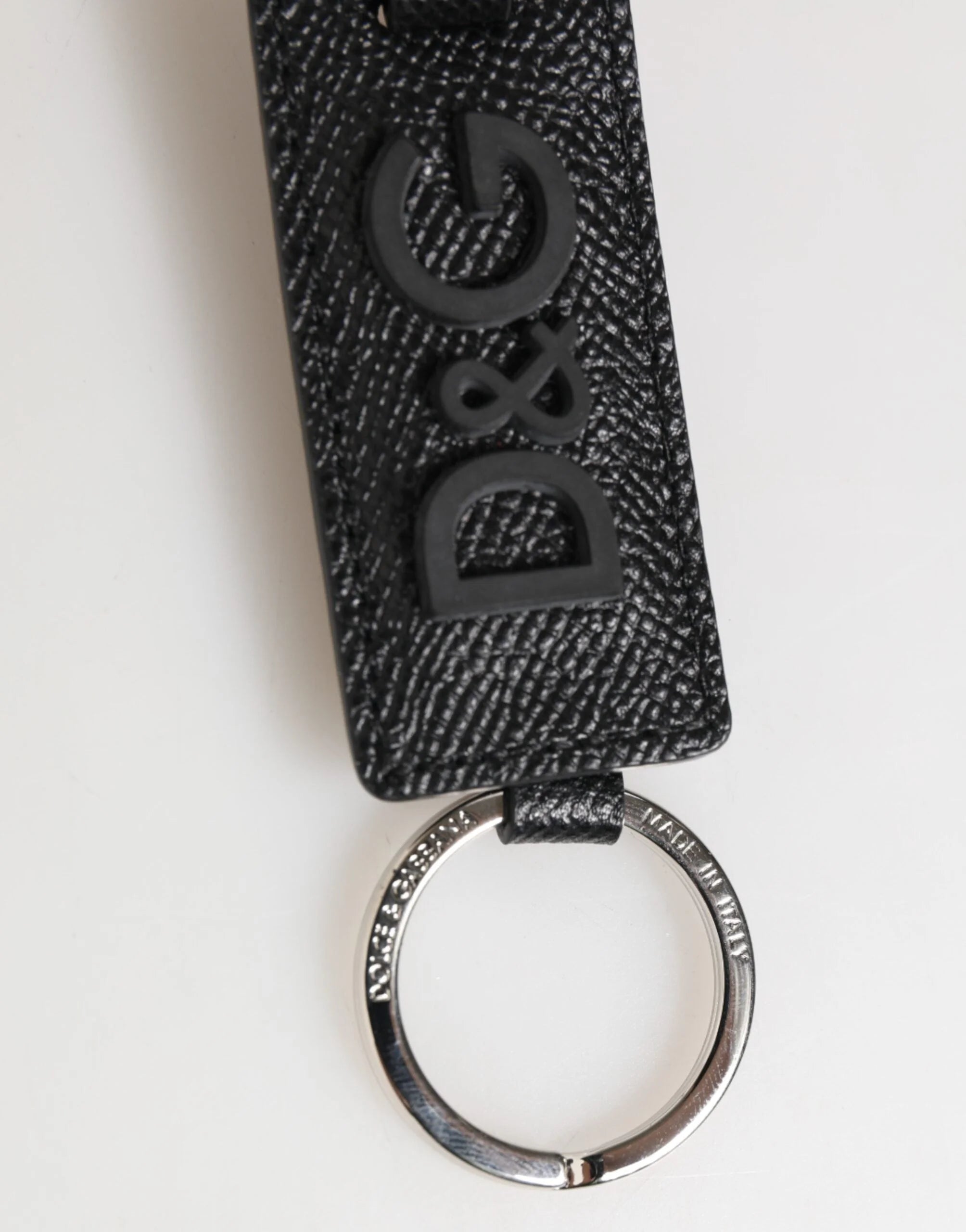 Dolce & Gabbana Black Leather Logo Metal Ring Keychain Holder Keyring - Keychains