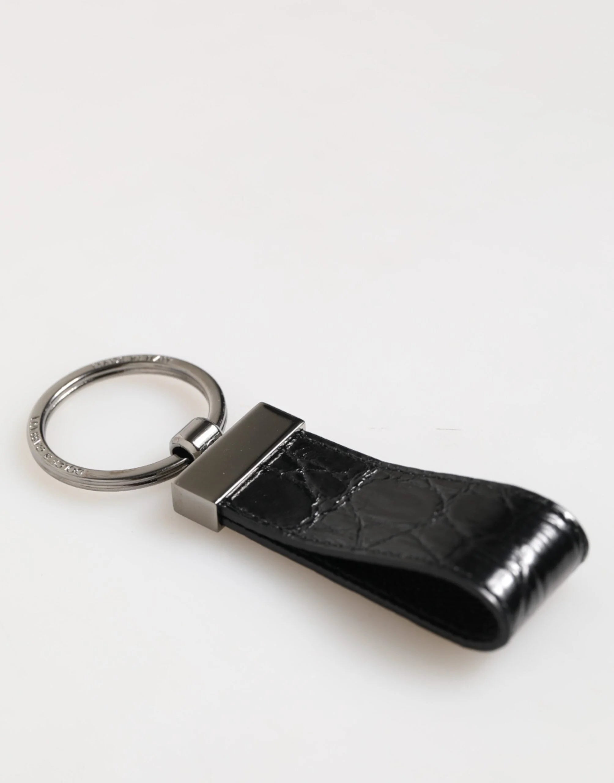 Dolce & Gabbana Black Leather Logo Metal Ring Keychain Holder Men Keyring - Keychains