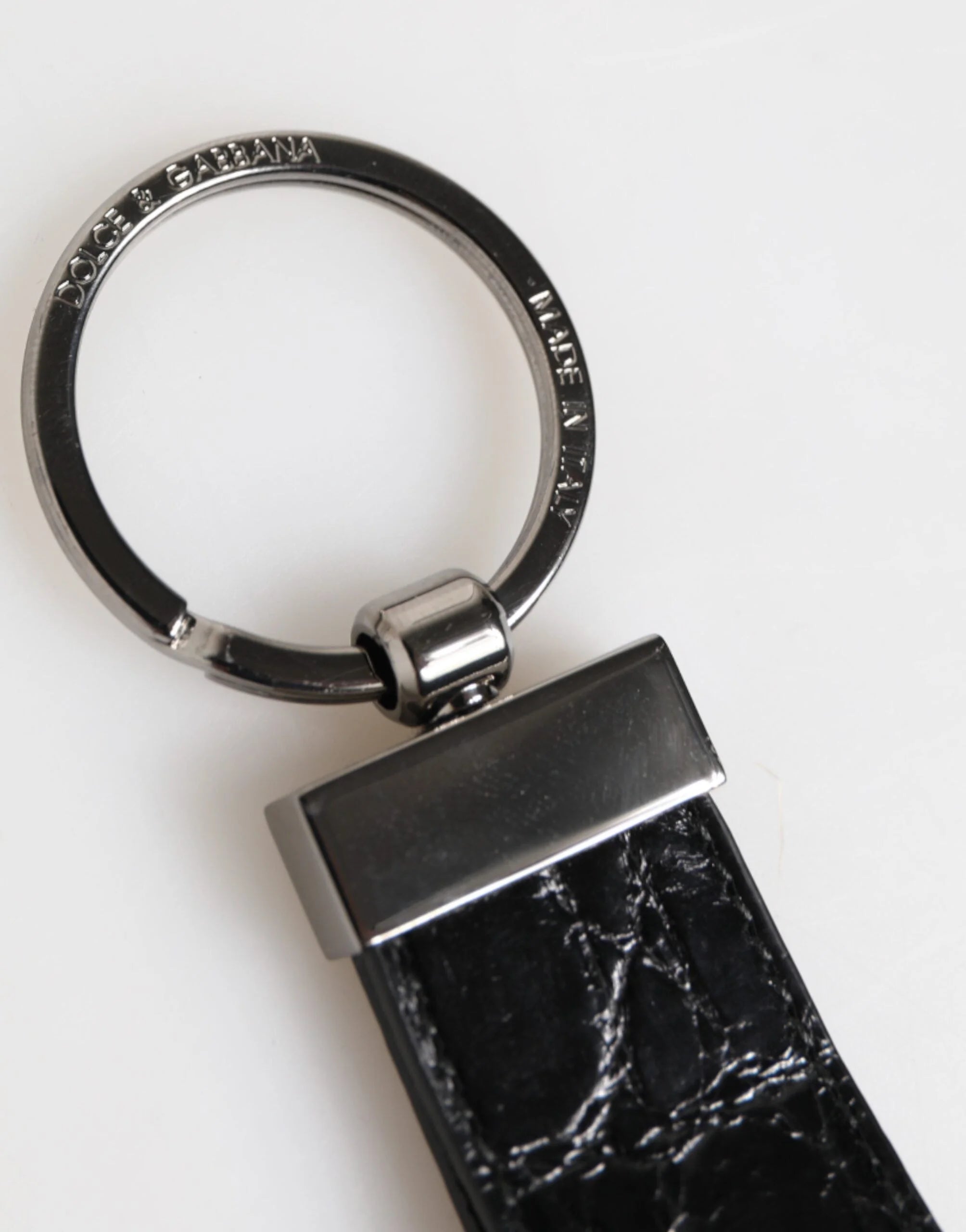Dolce & Gabbana Black Leather Logo Metal Ring Keychain Holder Men Keyring - Keychains