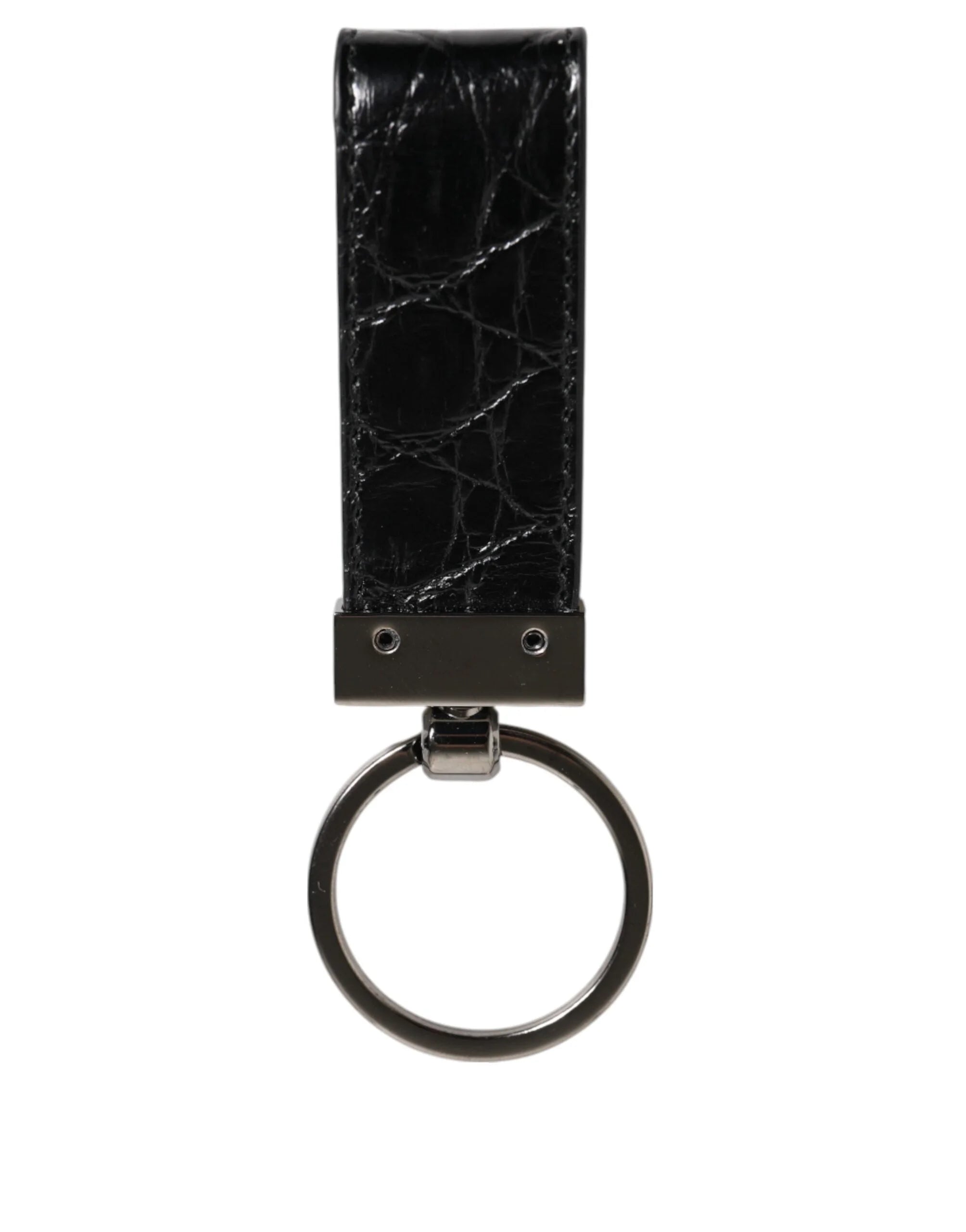 Dolce & Gabbana Black Leather Logo Metal Ring Keychain Holder Men Keyring - Keychains