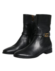 Dolce & Gabbana Black Leather Logo Mid Calf Boots Shoes - EU37.5/US7 - Boots