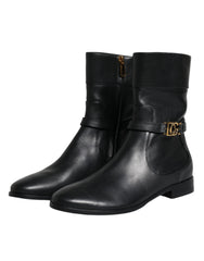 Dolce & Gabbana Black Leather Logo Mid Calf Boots Shoes - EU37.5/US7