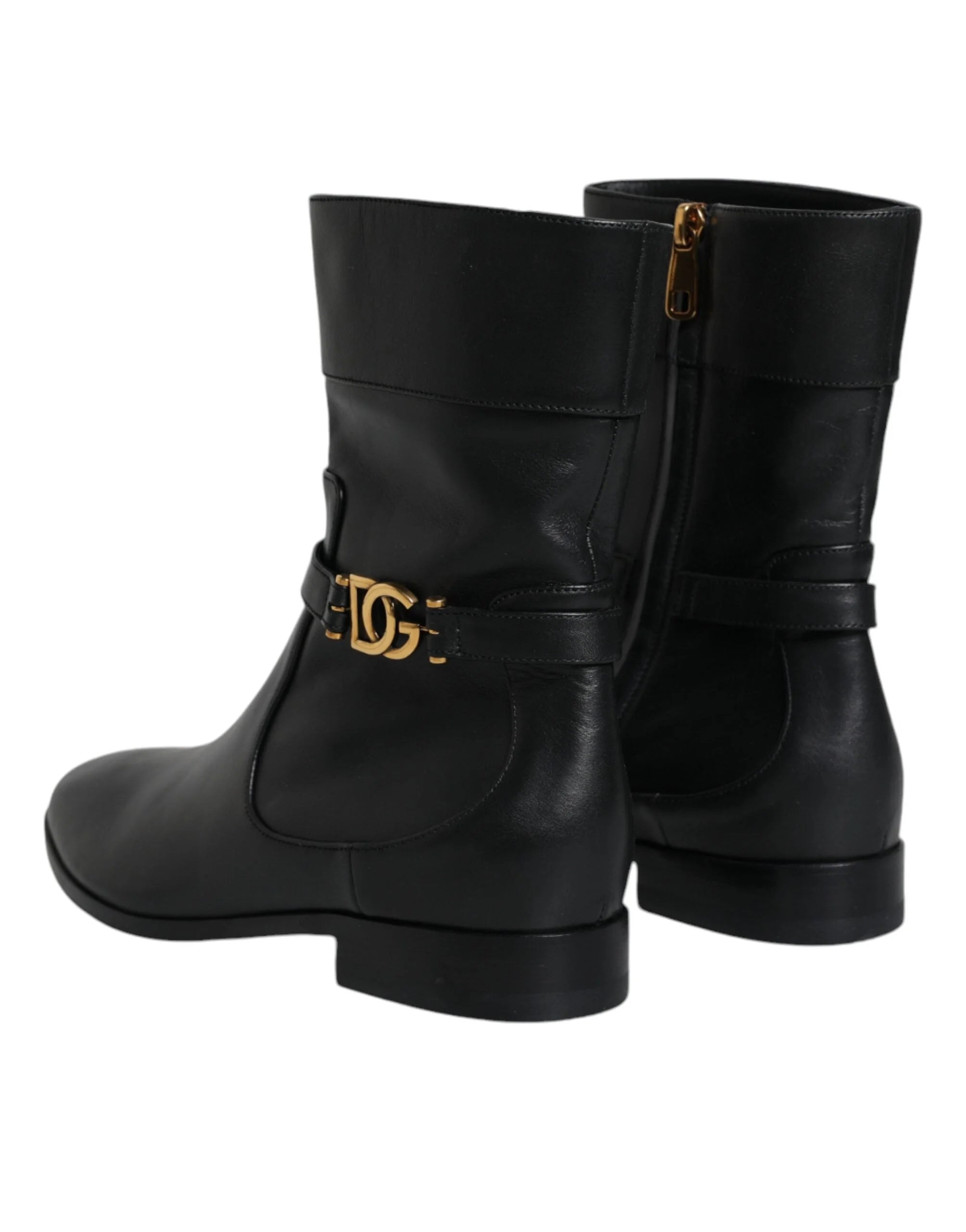 Dolce & Gabbana Black Leather Logo Mid Calf Boots Shoes - EU37.5/US7