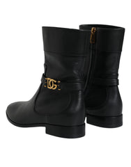 Dolce & Gabbana Black Leather Logo Mid Calf Boots Shoes - EU37.5/US7