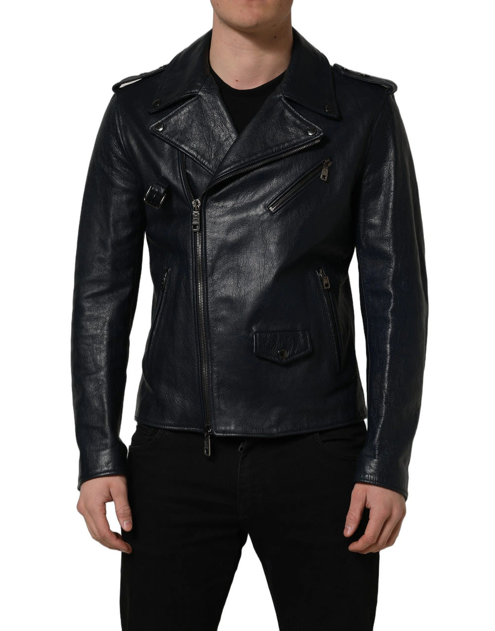 Dolce & Gabbana Black Leather Men Biker Coat Goatskin Jacket - IT50 | L