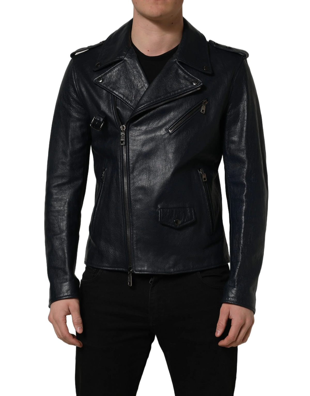 Dolce & Gabbana Black Leather Men Biker Coat Goatskin Jacket - IT50 | L