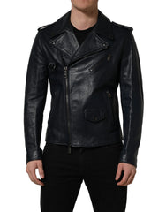 Dolce & Gabbana Black Leather Men Biker Coat Goatskin Jacket - IT50 | L