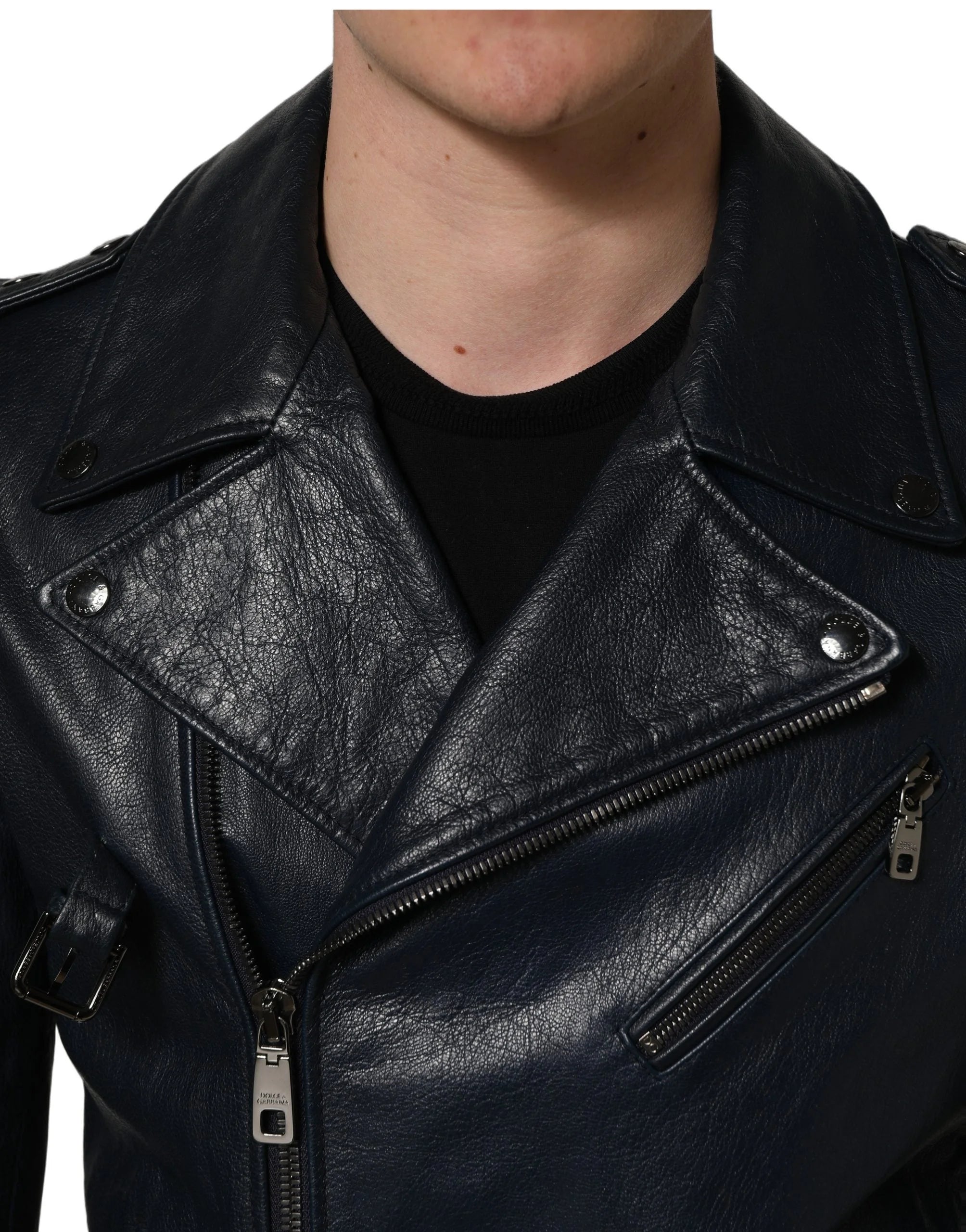 Dolce & Gabbana Black Leather Men Biker Coat Goatskin Jacket - IT50 | L