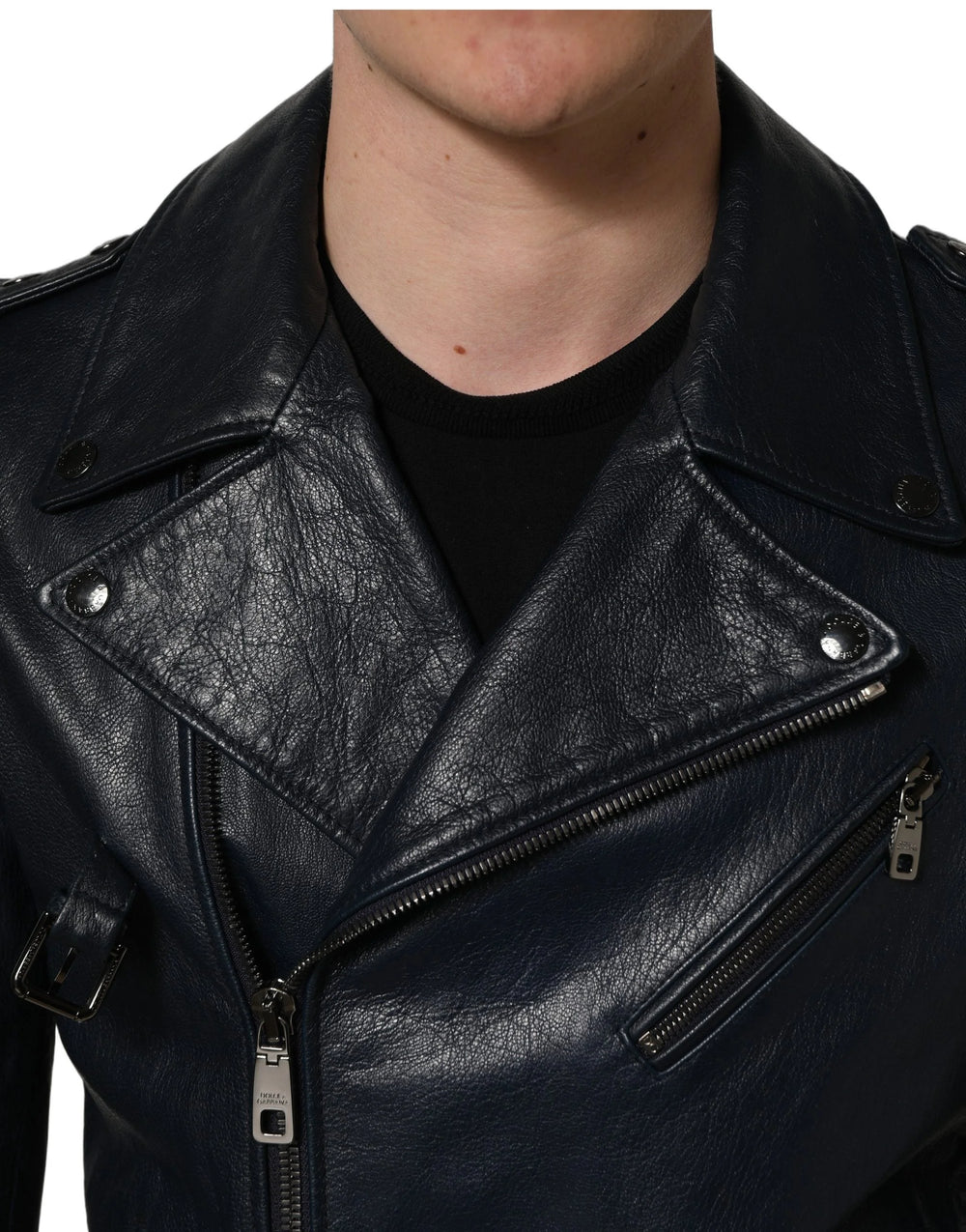 Dolce & Gabbana Black Leather Men Biker Coat Goatskin Jacket - IT50 | L