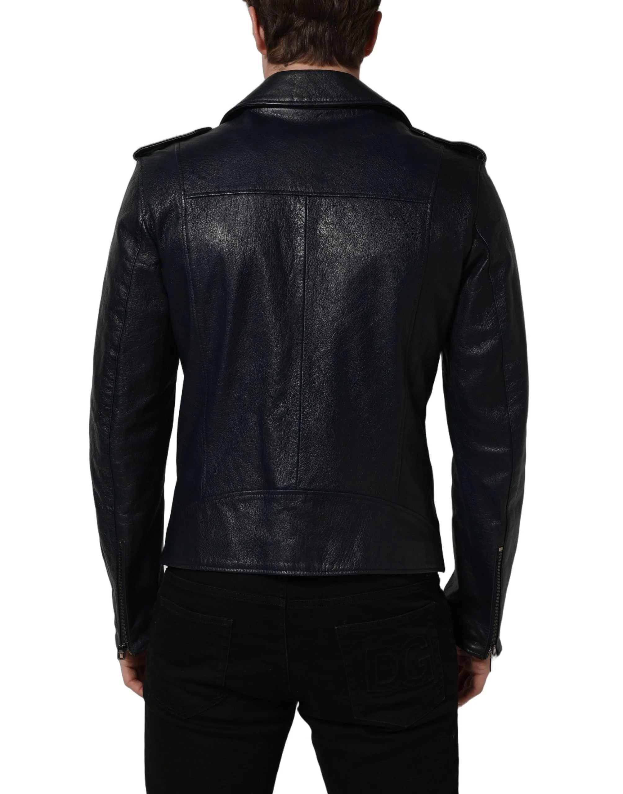 Dolce & Gabbana Black Leather Men Biker Coat Goatskin Jacket - IT50 | L