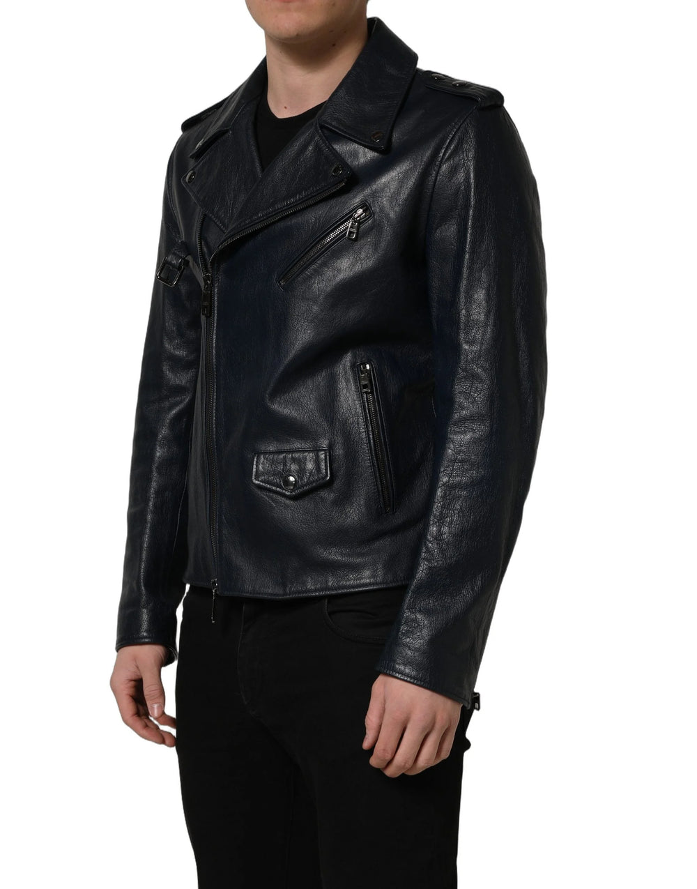 Dolce & Gabbana Black Leather Men Biker Coat Goatskin Jacket - IT50 | L