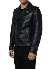 Dolce & Gabbana Black Leather Men Biker Coat Goatskin Jacket - IT50 | L