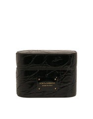 Dolce & Gabbana Black Leather Metal Logo Plaque Holder Airpods Case - Headphone Carrying Cases