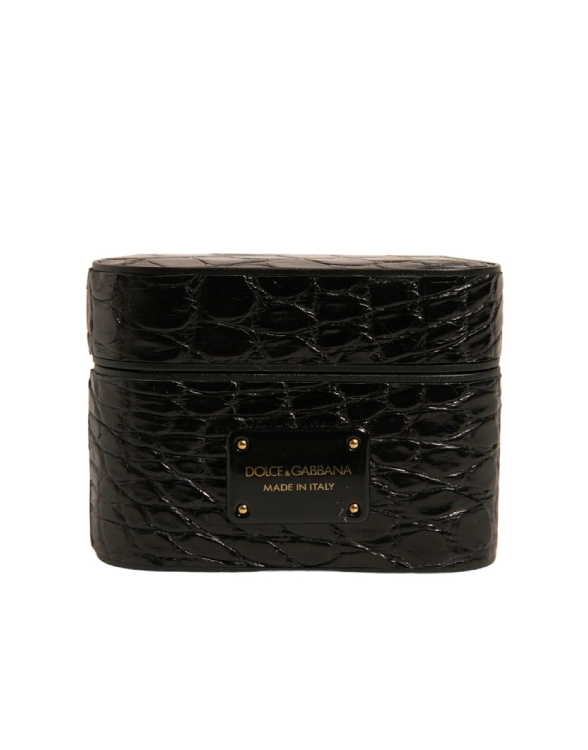 Dolce & Gabbana Black Leather Metal Logo Plaque Holder Airpods Case - Headphone Carrying Cases