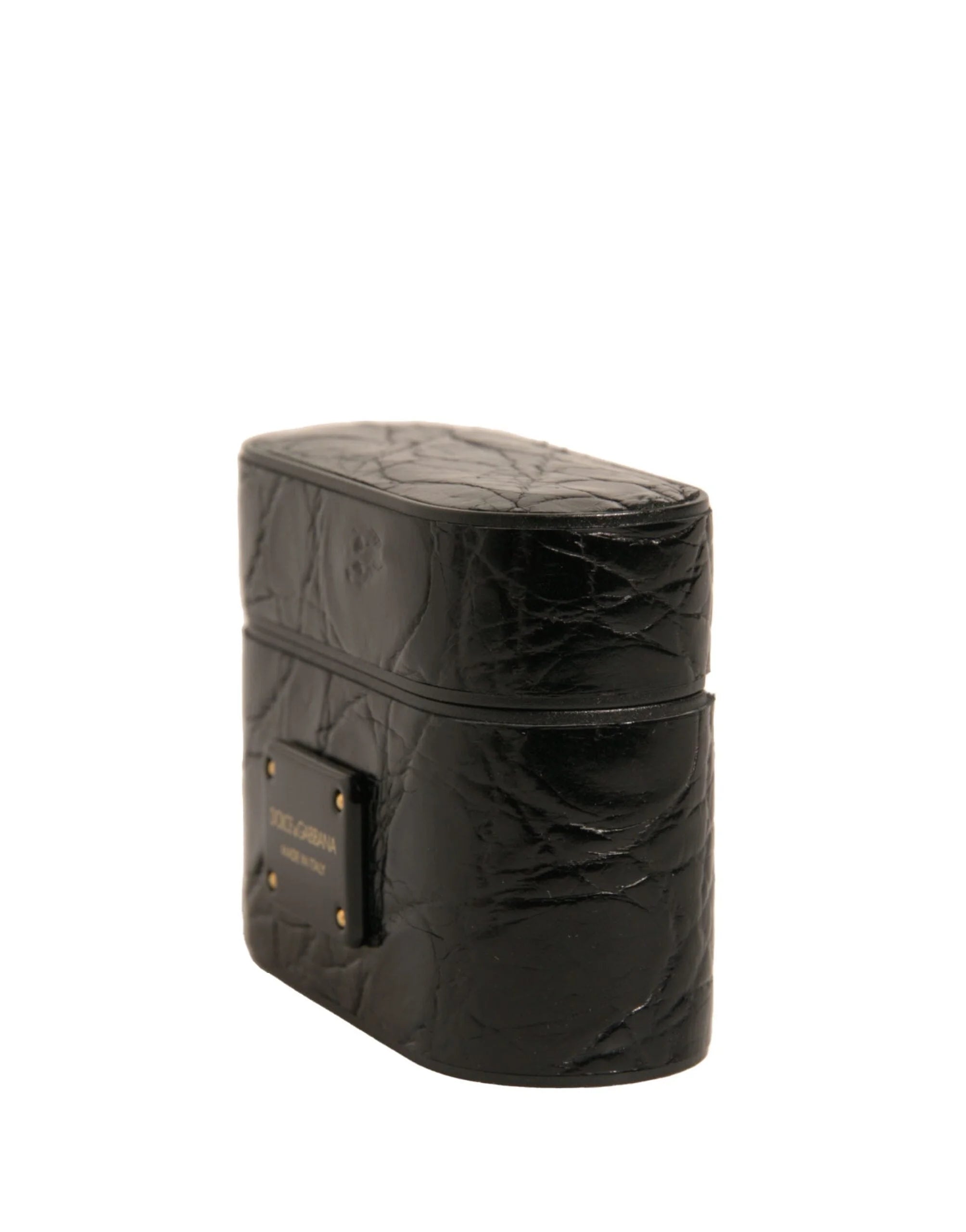 Dolce & Gabbana Black Leather Metal Logo Plaque Holder Airpods Case - Headphone Carrying Cases