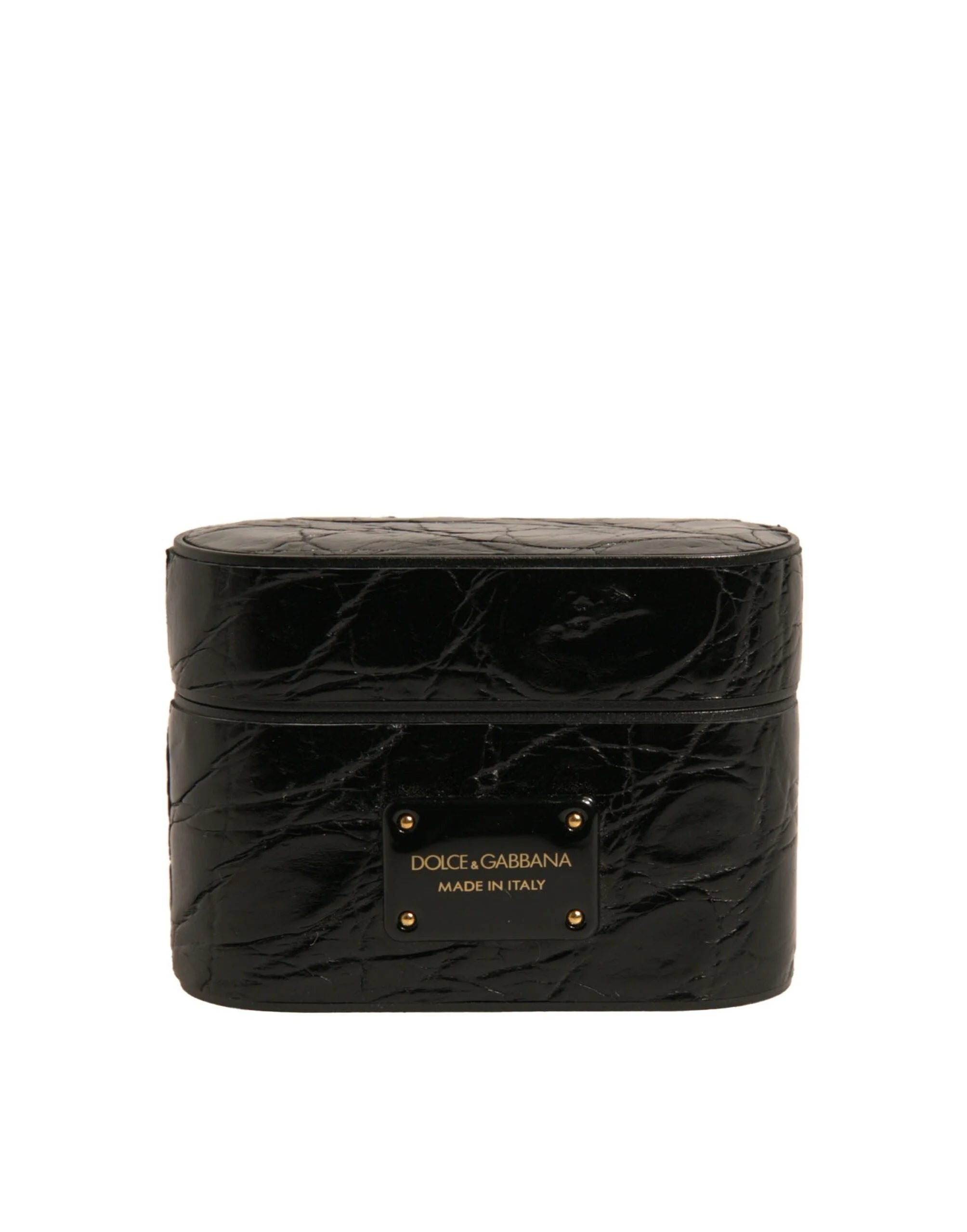 Dolce & Gabbana Black Leather Metal Logo Plaque Holder Airpods Case - Headphone Carrying Cases