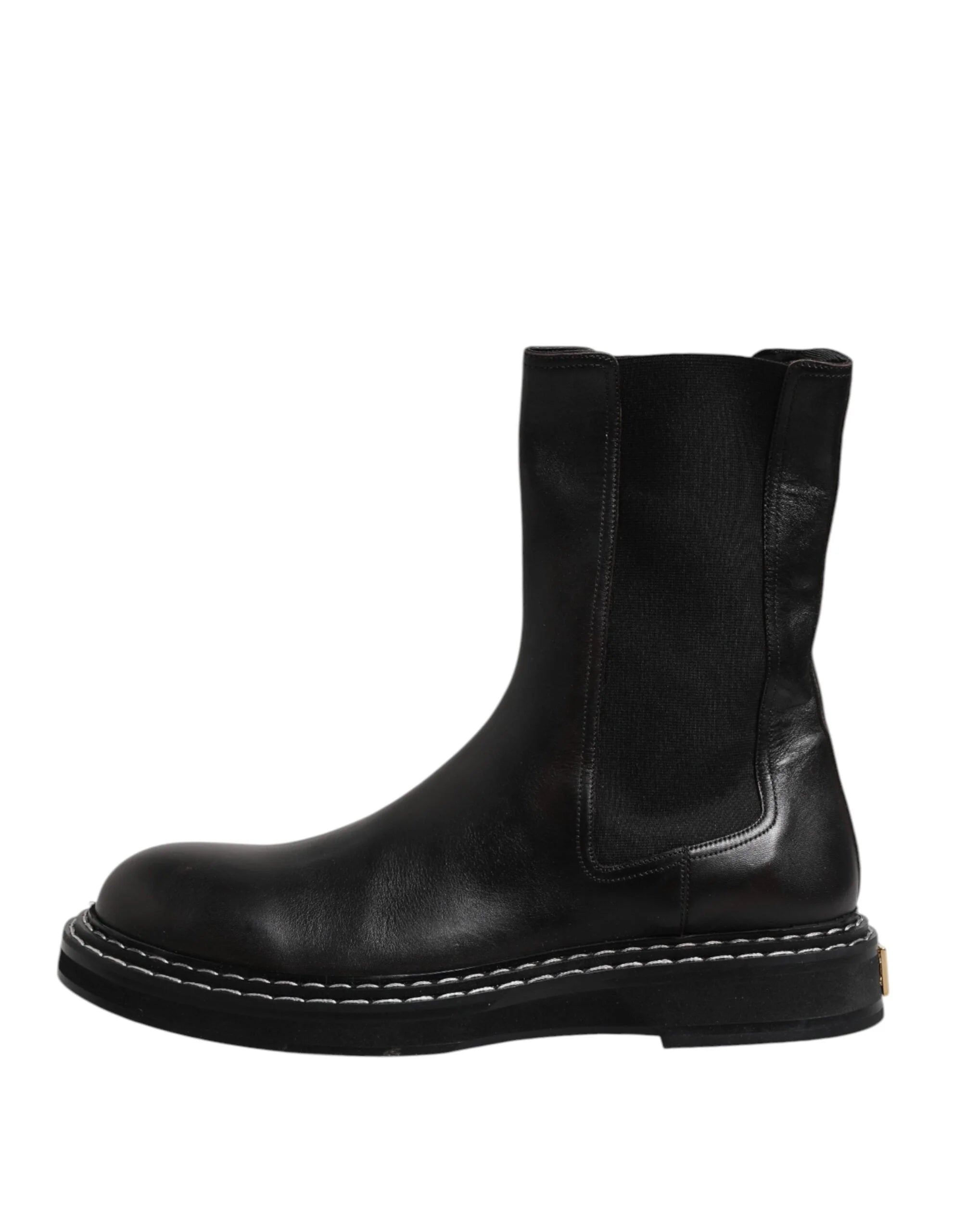 Dolce & Gabbana Black Leather Mid Calf Boots Flats Shoes - EU44/US11