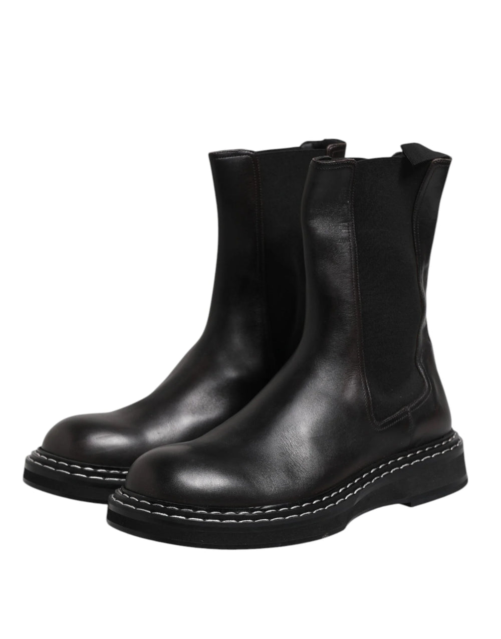 Dolce & Gabbana Black Leather Mid Calf Boots Flats Shoes - EU44/US11