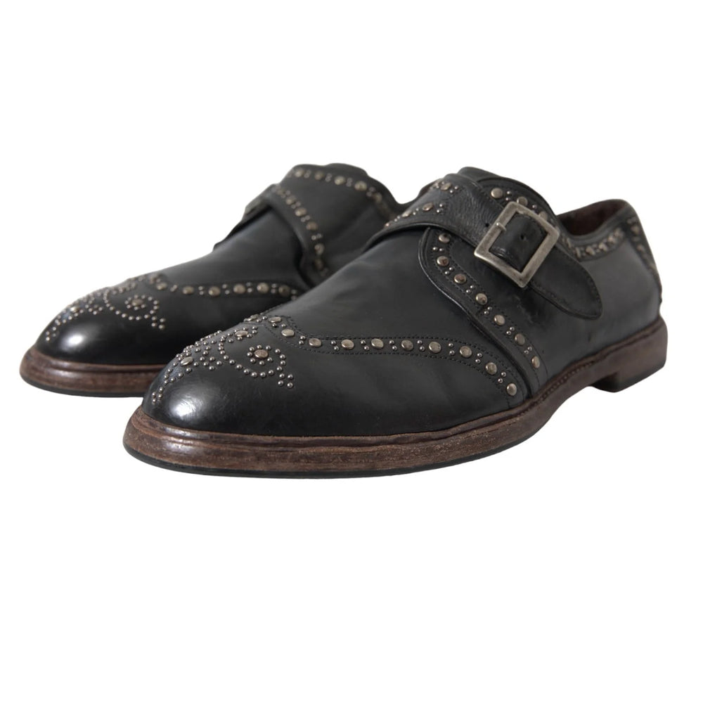 Dolce & Gabbana Black Leather Monk Strap Studded Dress Shoes - EU44/US11
