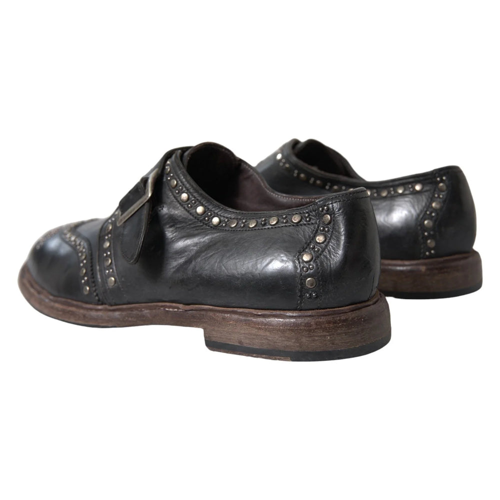 Dolce & Gabbana Black Leather Monk Strap Studded Dress Shoes - EU44/US11
