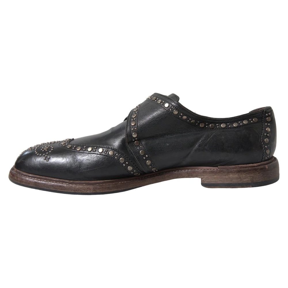 Dolce & Gabbana Black Leather Monk Strap Studded Dress Shoes - EU44/US11