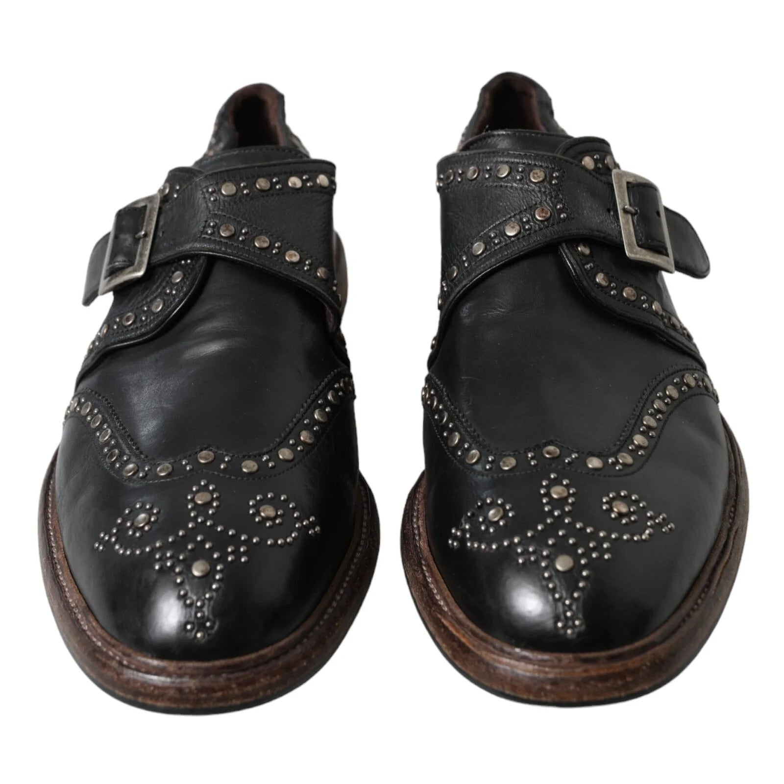 Dolce & Gabbana Black Leather Monk Strap Studded Dress Shoes - EU44/US11