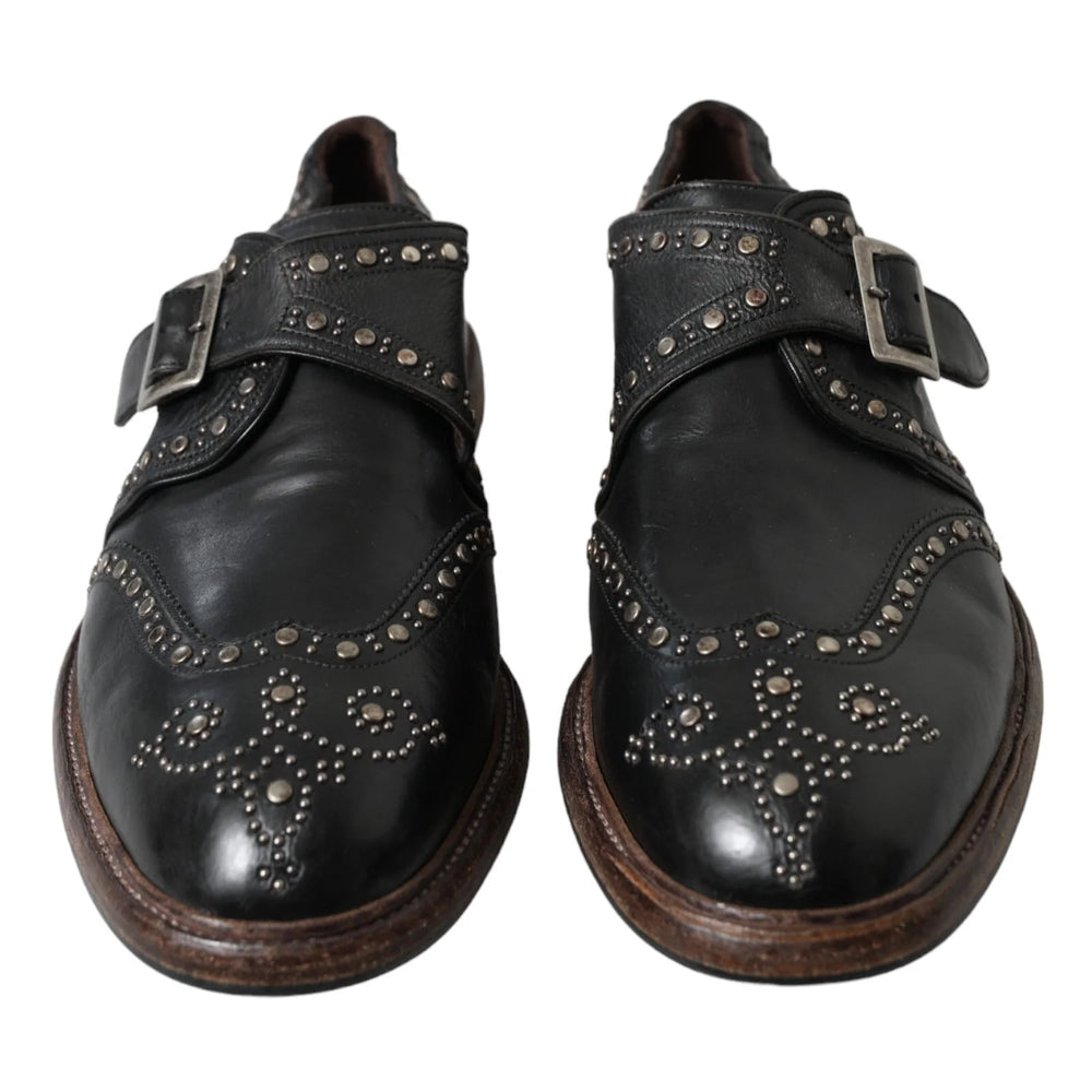 Dolce & Gabbana Black Leather Monk Strap Studded Dress Shoes - EU44/US11