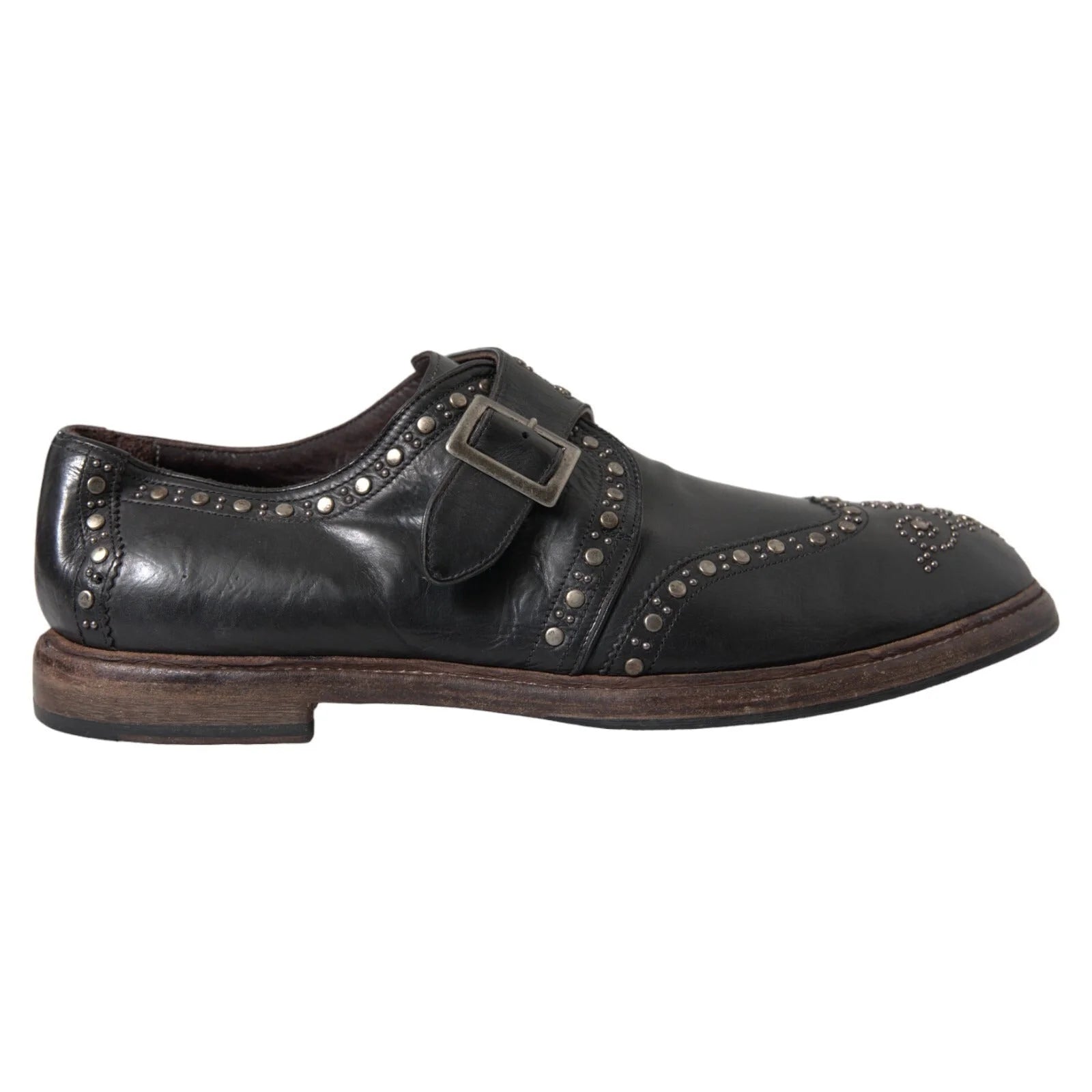 Dolce & Gabbana Black Leather Monk Strap Studded Dress Shoes - EU44/US11