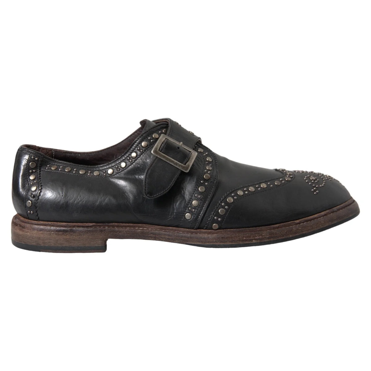 Dolce & Gabbana Black Leather Monk Strap Studded Dress Shoes - EU44/US11
