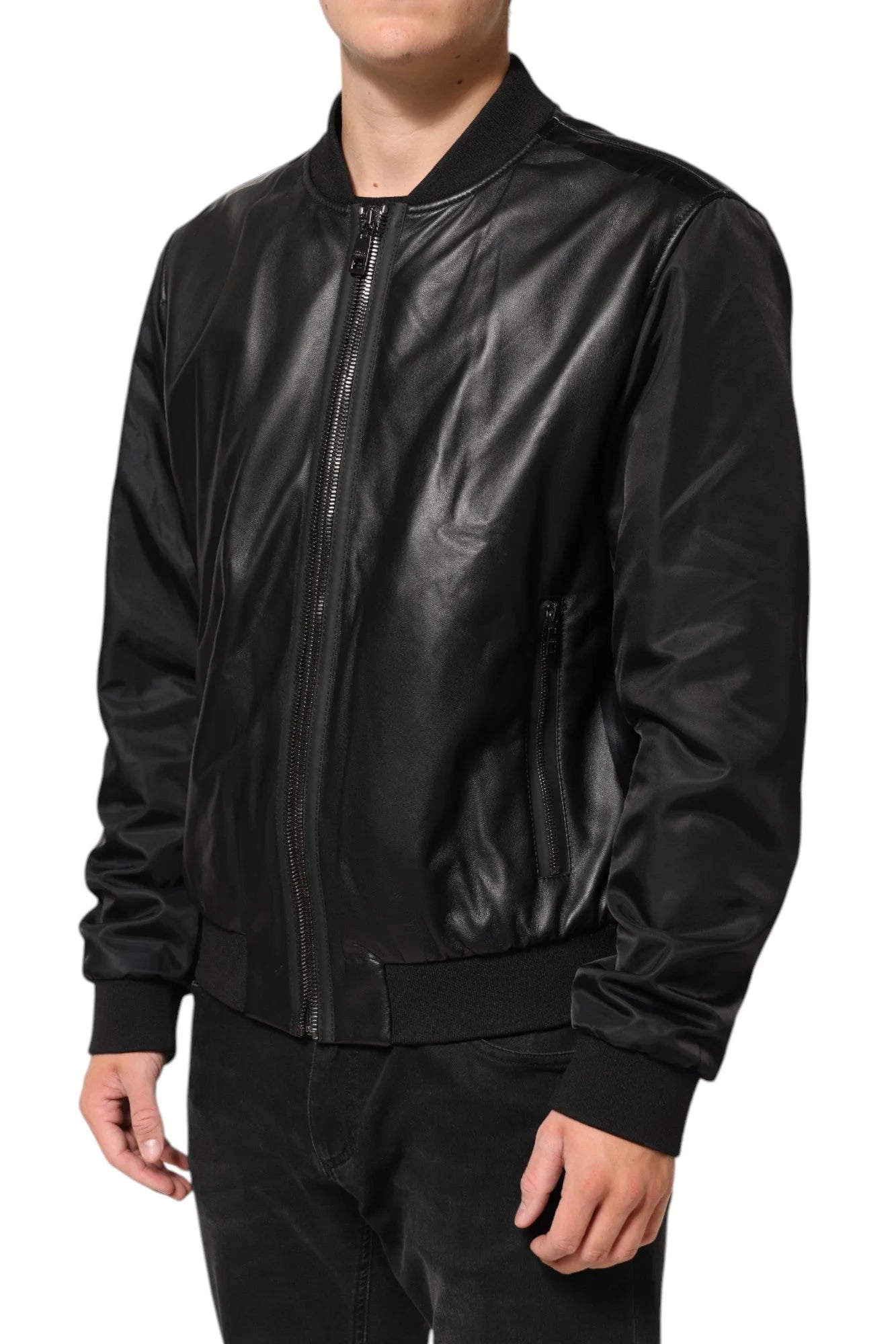 Dolce & Gabbana Black Leather Nylon FullZip Blouson Jacket - IT56 | XXL - Bomber Jackets