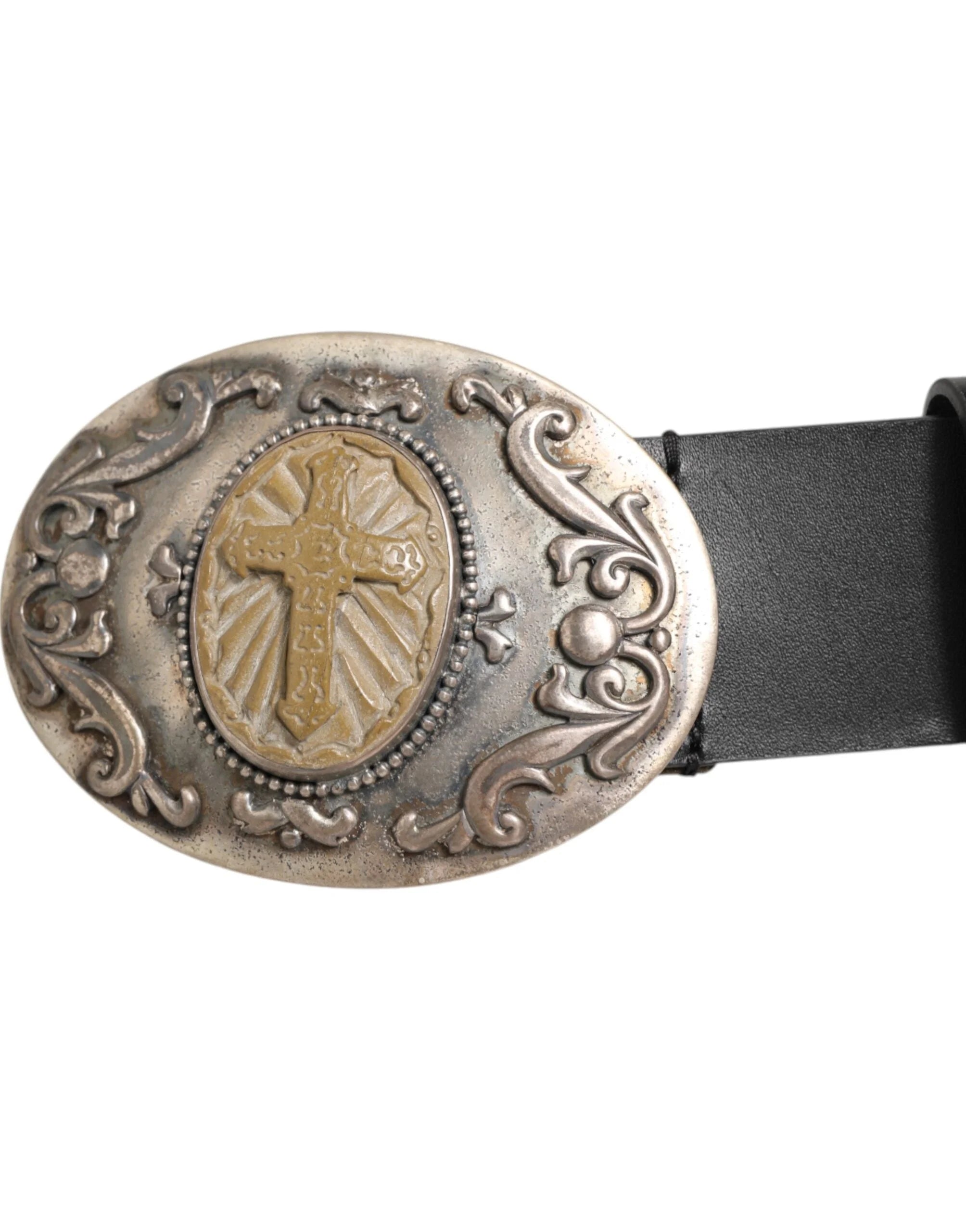 Dolce & Gabbana Black Leather Ornate Metal Buckle Men Belt - 100 cm / 40 Inches - Belts