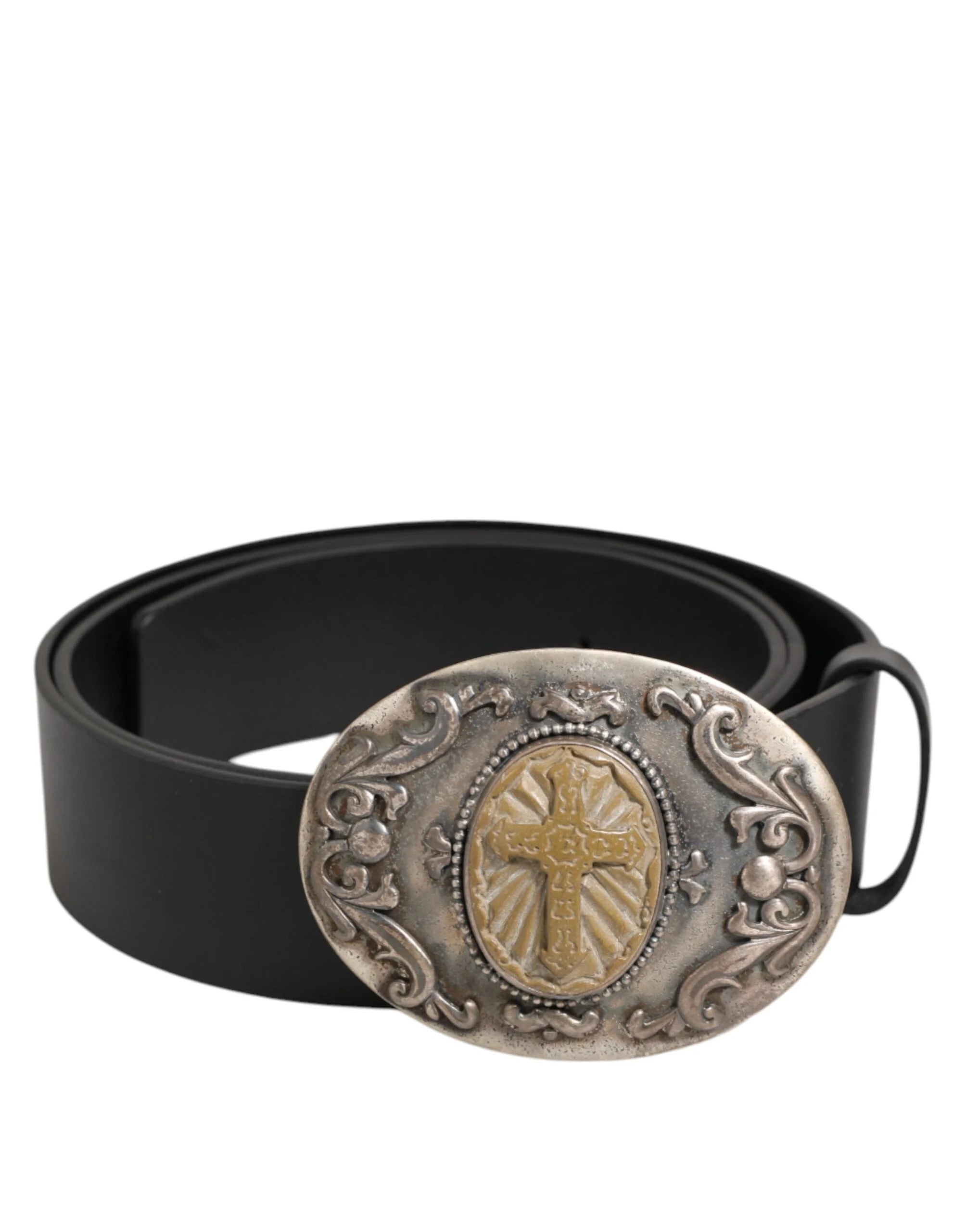 Dolce & Gabbana Black Leather Ornate Metal Buckle Men Belt - 100 cm / 40 Inches - Belts