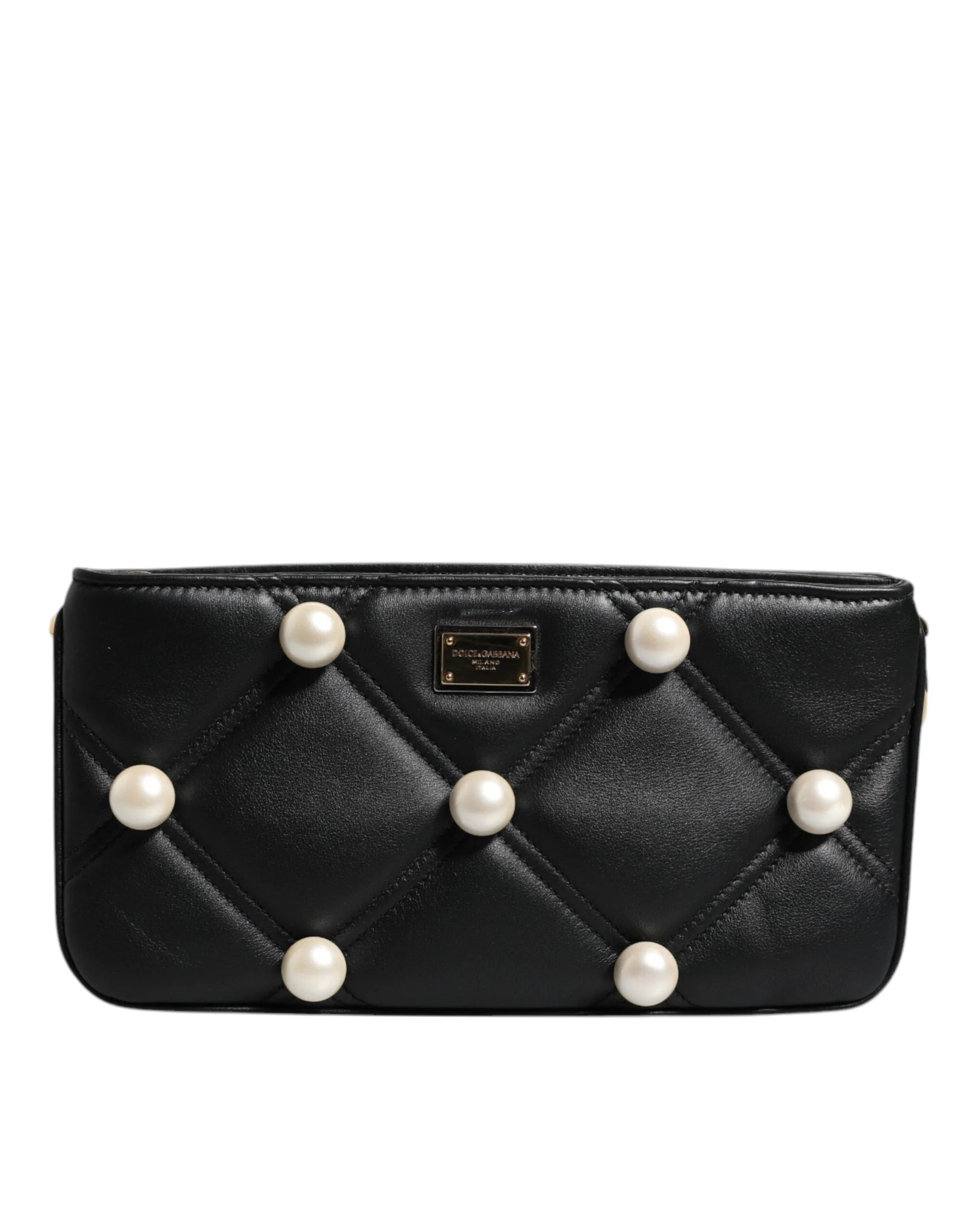 Dolce & Gabbana Black Leather Pearl Embellished Logo Shoulder Bag - Shoulder Bags