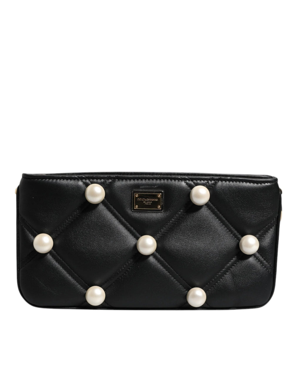 Dolce & Gabbana Black Leather Pearl Embellished Logo Shoulder Bag - Shoulder Bags